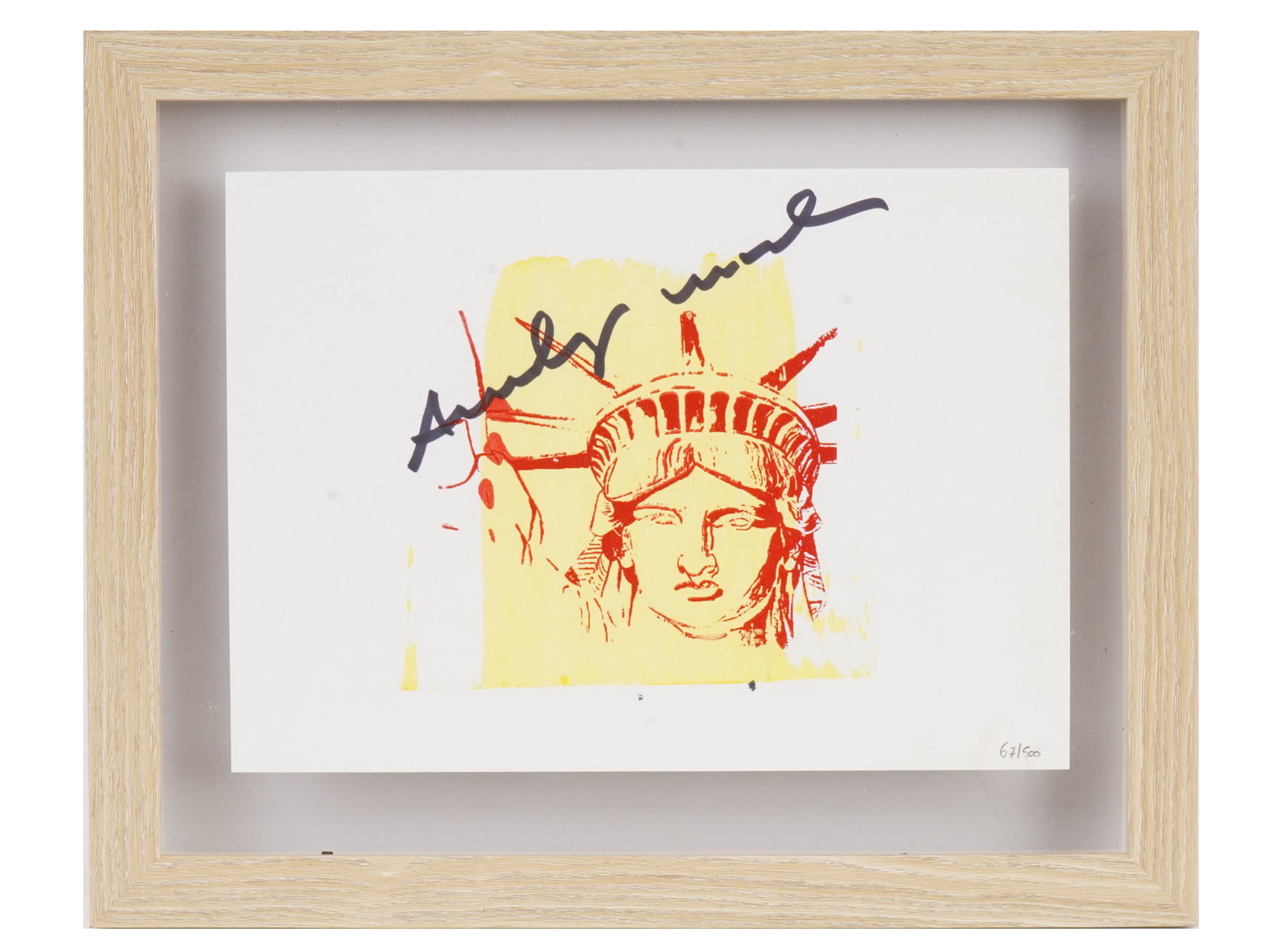 AMERICAN LITHOGRAPH AFTER ANDY WARHOL STATUE OF LIBERTY: A modern American lithograph after Andy Warhol based on his iconic Statue of Liberty, 1986. The composition presents a bold, cropped view of Lady Libertys face and crown, rendered in Warhols signature