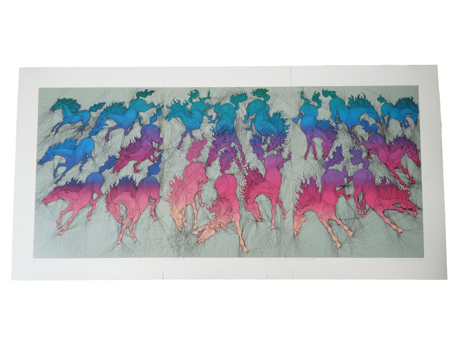 LTD ISRAELI SERIGRAPH BY GUILLAUME AZOULAY SIGNED: Guillaume Azoulay, Israeli, born 1949, a limited edition silk screen print on paper, Cavalcade III Triptych, 1989. Each is signed in pencil lower right. Titled, copyright, dated and numbered 44 of 100