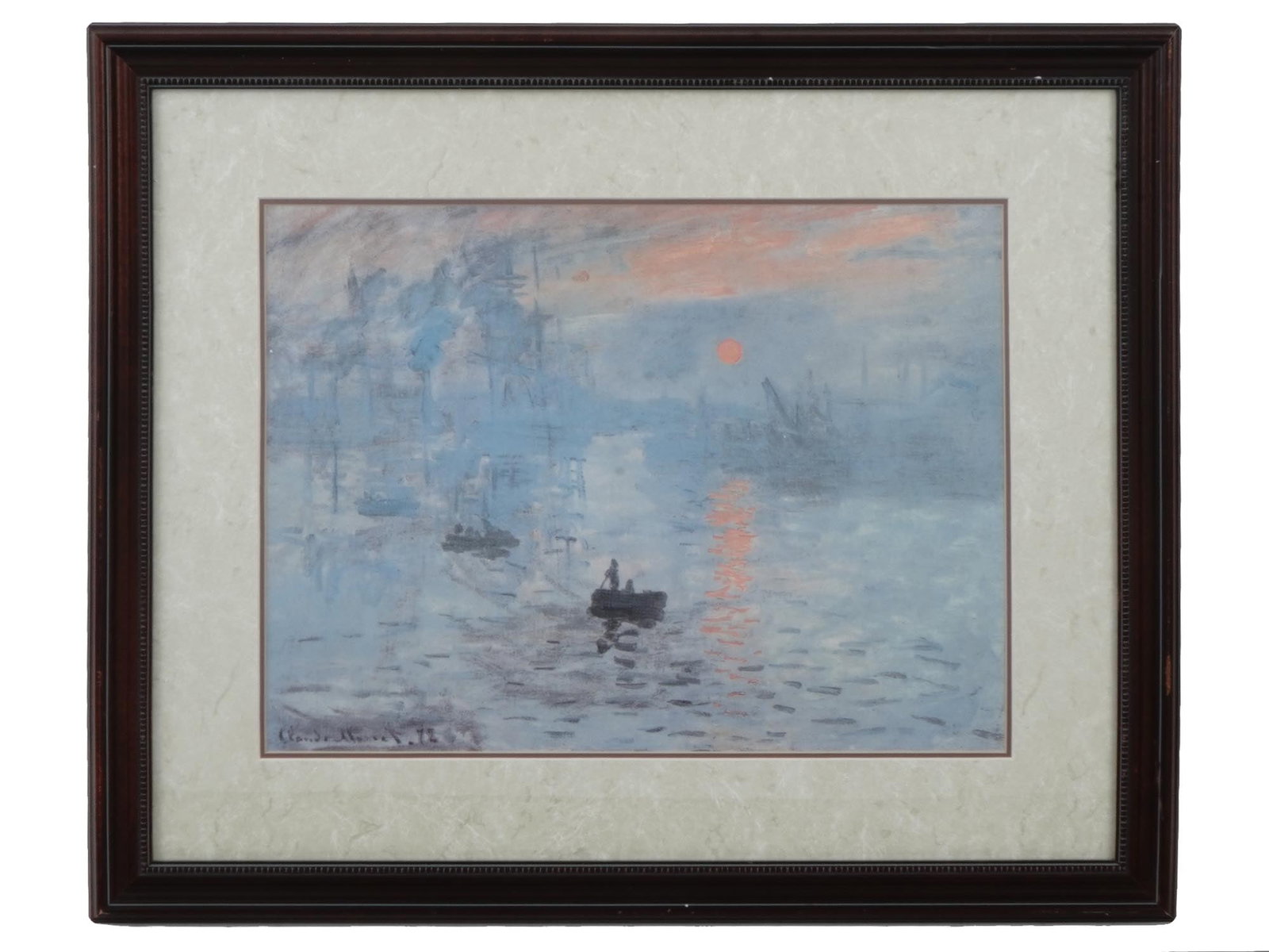 IMPRESSIONIST FRENCH LITHOGRAPH AFTER CLAUDE MONET: A lithographic print on paper after the original oil painting on canvas, Impression, Sunrise, 1872 by Claude Monet first shown at what would become known as the Exhibition of the Impressionists in Par