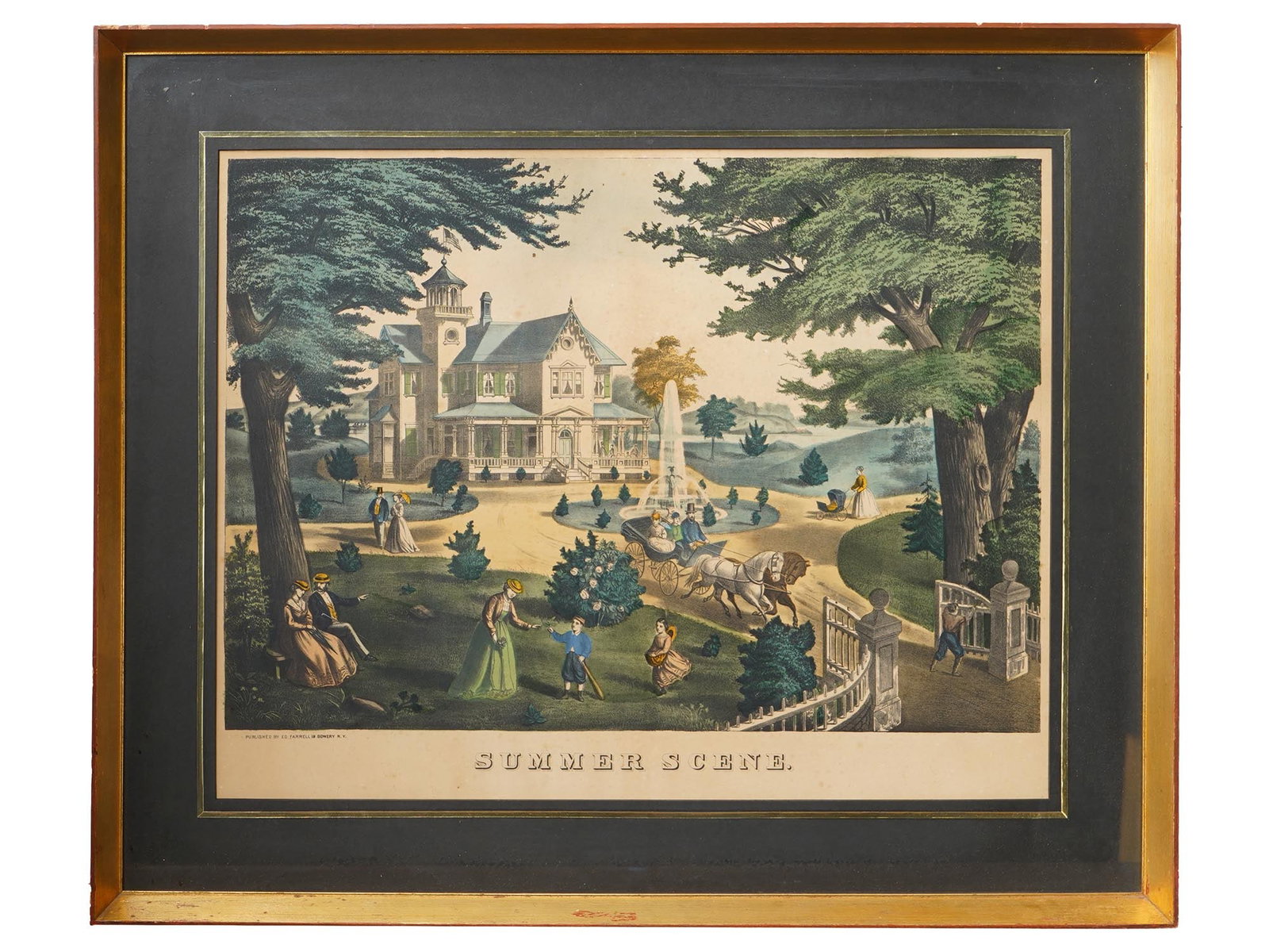 LARGE CHARLES BROTHERS FRAMED LITHOGRAPH SUMMER SCENE: A large Charles Brothers framed lithograph titled Summer Scene, published by Ed. Farrell. This antique print captures an idyllic summertime view, showcasing the detailed artistry and picturesque style