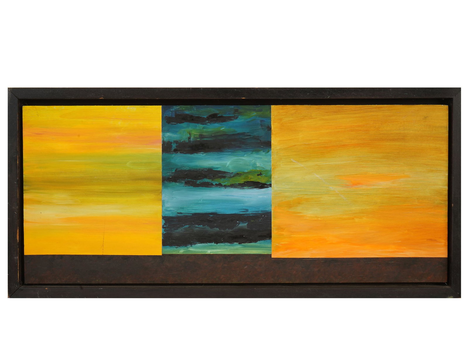 VINTAGE OIL ABSTRACT LANDSCAPE PAINTING 1988: A vintage oil on wood board abstract landscape painting. The painting is divided horizontally into three sections, each with a different color palette: a cool section with blue-green tones in the cent