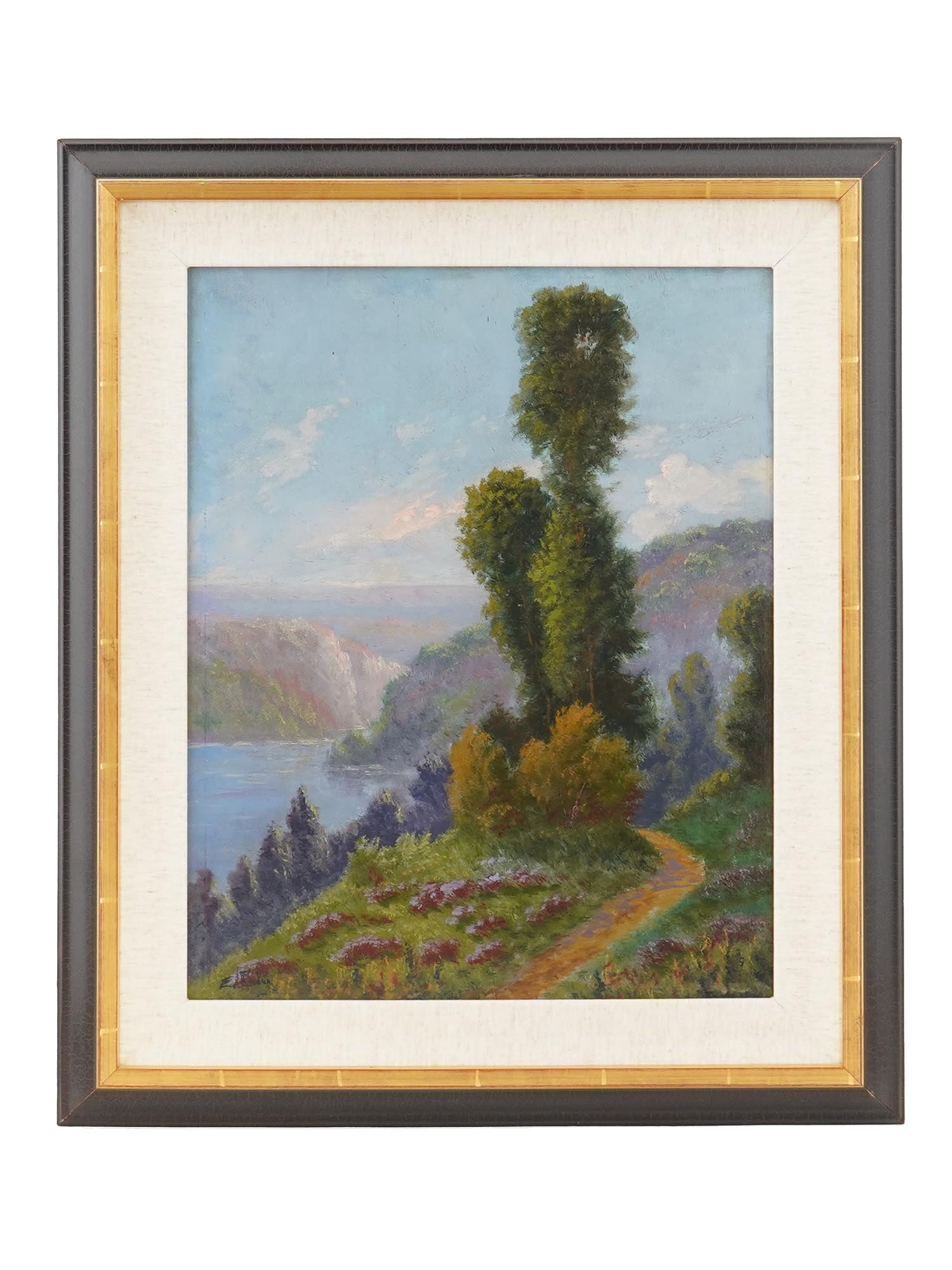 MID CENTURY OIL PAINTING LANDSCAPE SIGNED AND FRAMED: A mid-century oil painting on board depicting a landscape, signed lower left. Presented framed. Mid Century Landscape Paintings And Art Collectibles. THIS LOT IS ELIGIBLE FOR A 30-DAY UNCONDIT