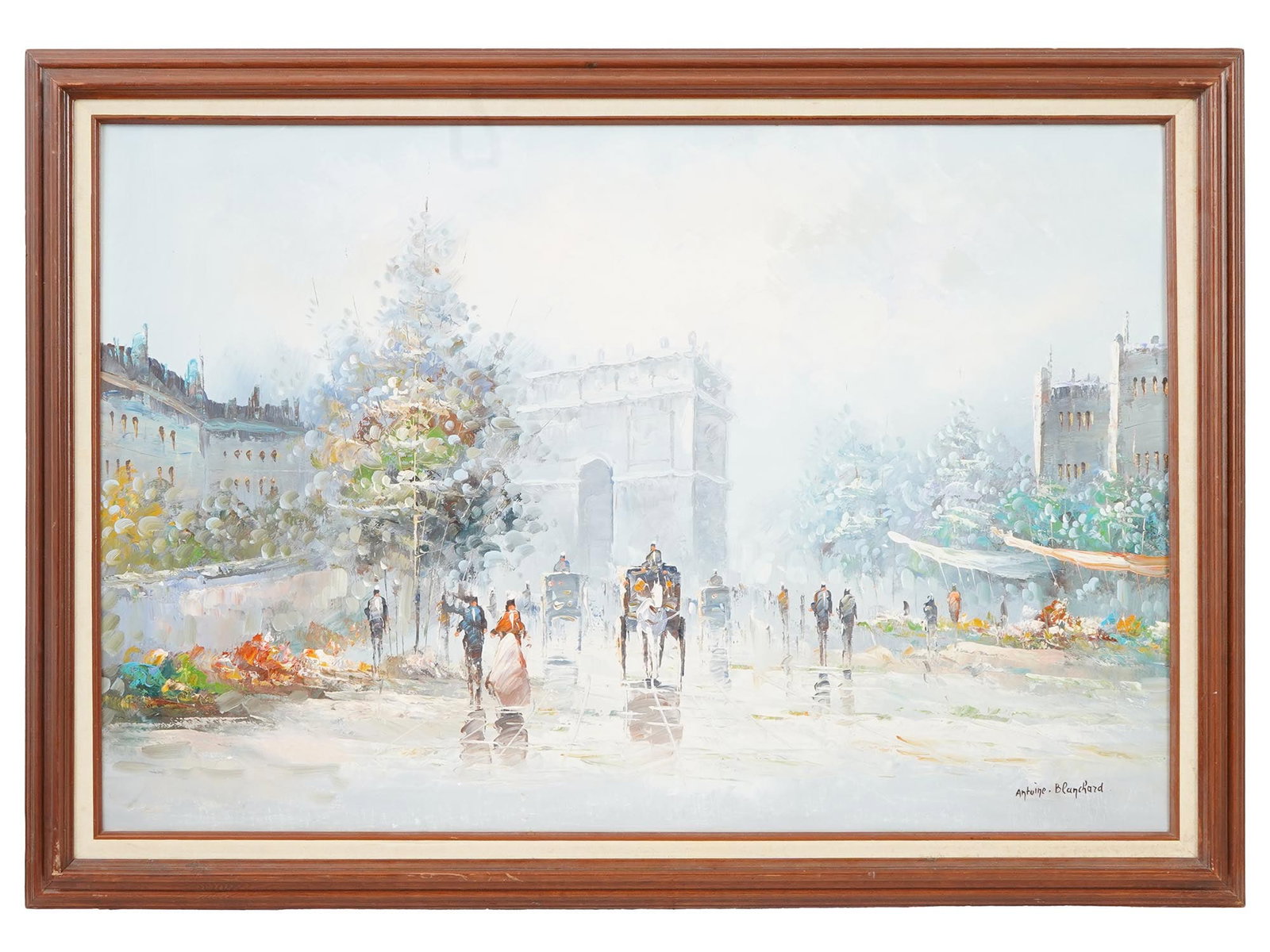 ATTR ANTOINE BLANCHARD FRENCH CITYSCAPE OIL PAINTING: Attributed to Antoine Blanchard, French, 1910 to 1988, oil on canvas painting. The artwork depicts a street view of Paris with horse carriages and Arc de Triomphe in the background. Signed in the lowe