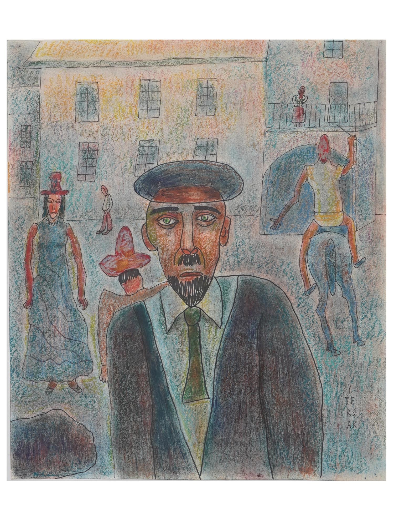 ARMENIAN COLOR PENCIL PAINTING BY YURI SARKISOV: Yuri Sarkisov, Armenian, American, born 1928, color pencil painting on paper depicting a Surreal scene. Signed with a monogram lower right. Signed dedication and dated 2004 on the back. Yuri Sarkisov 