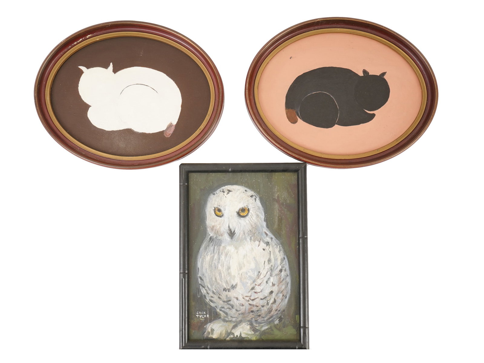 GROUP OF THREE OIL ON BOARD PAINTINGS BY JACK TYLER: A group of three oil paintings on board by Jack Tyler, dating to the 1970s. The lot includes a signed 1971 painting of a snowy owl, along with a pair of oval-format cat portraits rendered in a minimal
