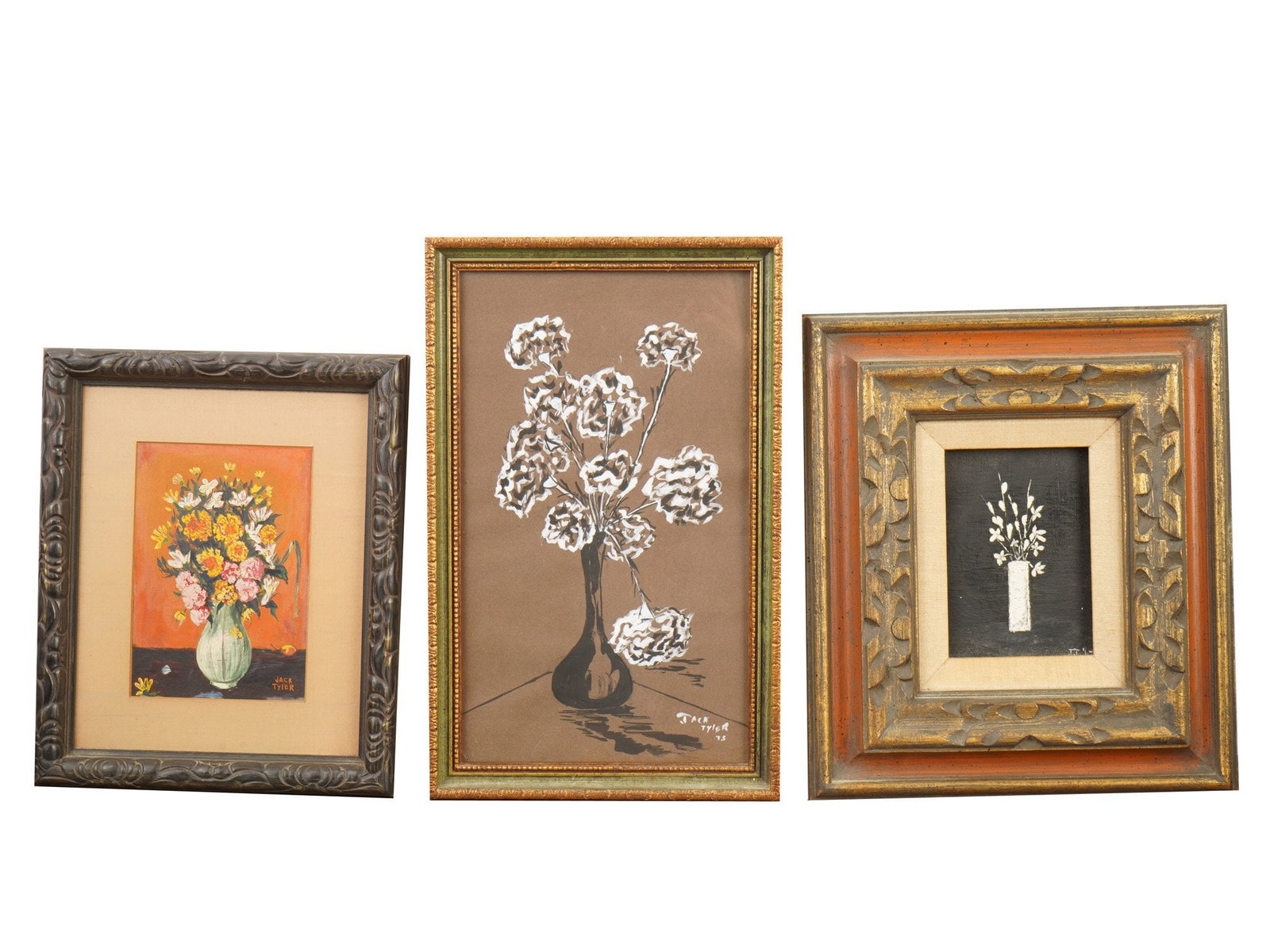 MIXED MEDIA STILL LIFE PAINTINGS BY JACK TYLER: A group of three oil on board and mixed media on paper paintings by Jack Tyler. ??? ???????? ?????????? ? ?????????? ???????????? ? ?????. All paintings are signed lower right and framed. One of the p