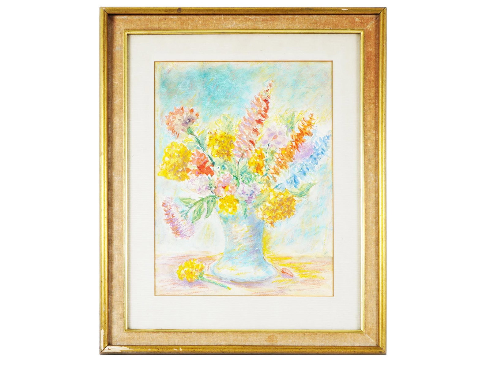 STILL LIFE MIXED MEDIA PAINTING SIGNED BY ARTIST: A Modern mixed media painting on paper depicting a still life with flowers in the Post Impressionist manner. Illegibly signed by the artist, lower right. Framed. Vintage and Modern Impressionist Still