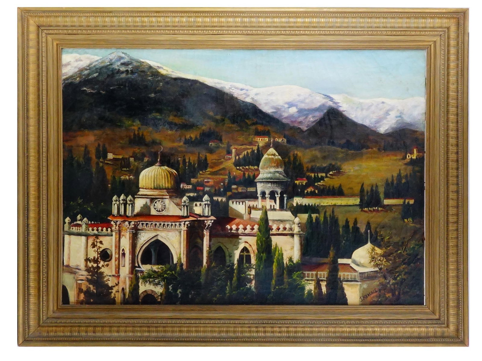 ANTIQUE OIL PAINTING YALTA CRIMEA SIGNED J. MEREDSE: An oil on canvas painting depicting a panoramic view of the Palace of the Emir of Bukhara in Yalta, Crimea. The palace was built in the 1900s in the Moorish Revival architectural style. Signed J. Mere