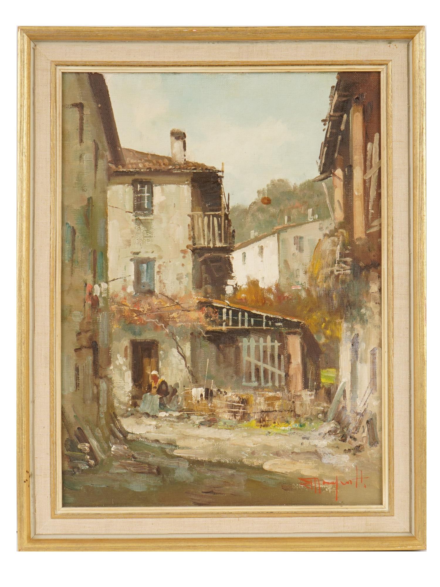 ERCOLE MAGROTTI ANTIQUE ITALIAN OIL CITYSCAPE PAINTING: An antique Italian oil on canvas over board cityscape painting by Ercole Magrotti, 1890 to 1967. Circa early 20th century. The painting depicts a picturesque European village street scene, characteriz