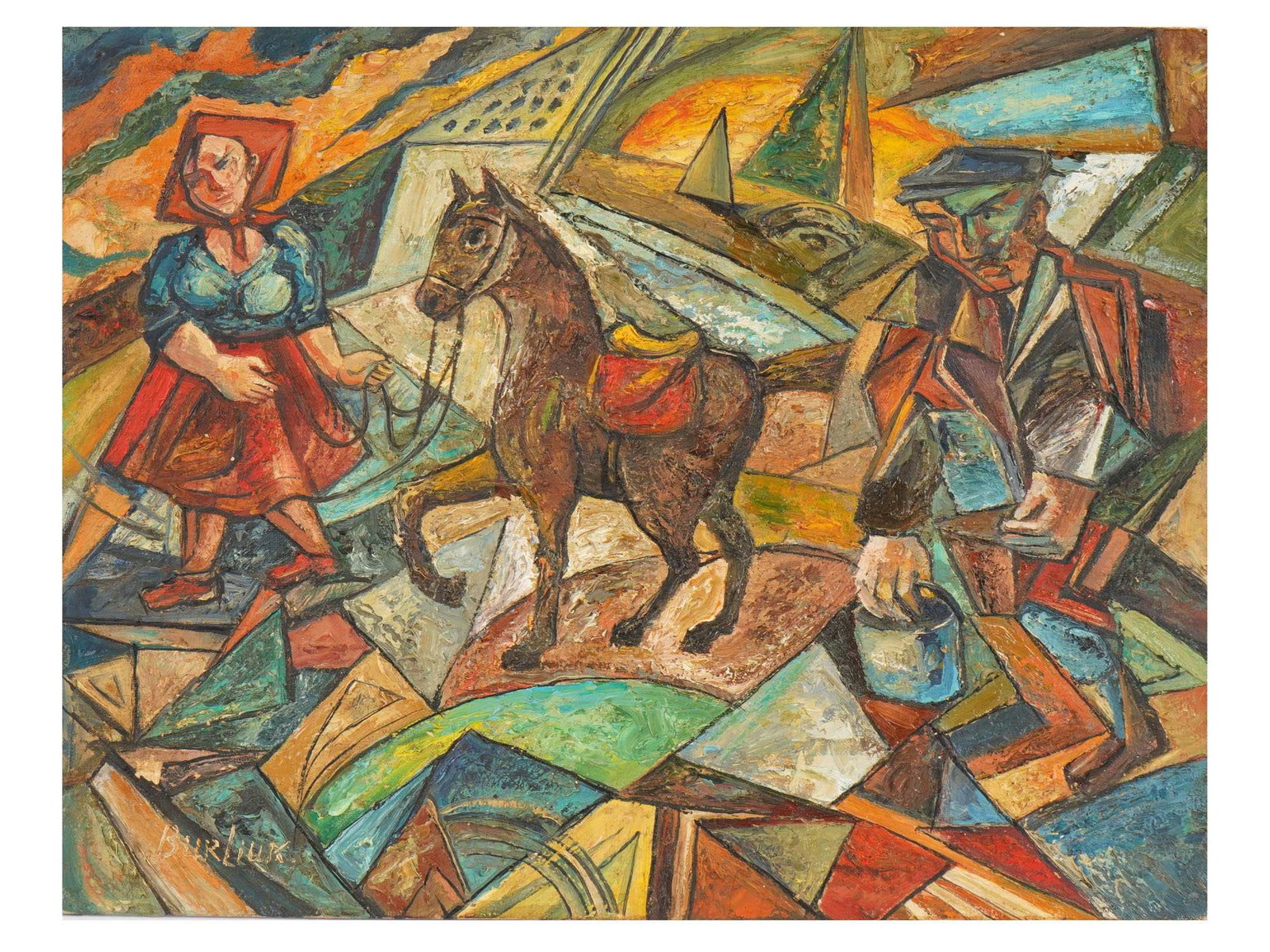 MODERNIST SCENE OIL PAINTING SIGNED DAVID BURLIUK: An oil painting on canvas mounted on board depicting a rural genre scene with a horse and a couple. Signed, Burliuk, lower left. David Burliuk, Ukrainian, Russian, American, 1882 to 1967, was an artis