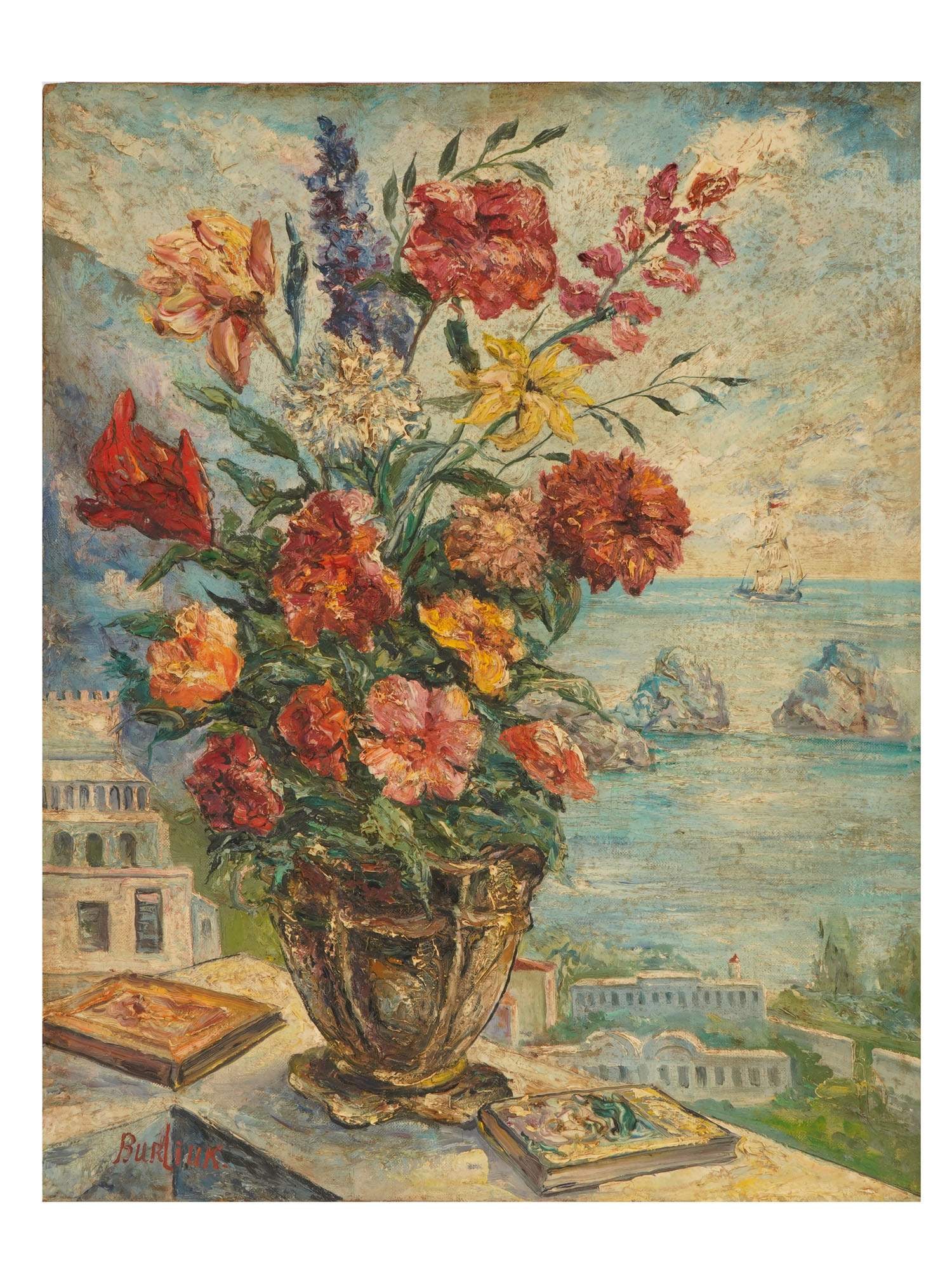 MODERNIST STILL LIFE OIL PAINTING SIGNED DAVID BURLIUK: An oil painting on canvas mounted on board depicting a floral still life in a costal seascape view. Signed, Burliuk, lower left. David Burliuk, Ukrainian, Russian, American, 1882 to 1967, was an artis