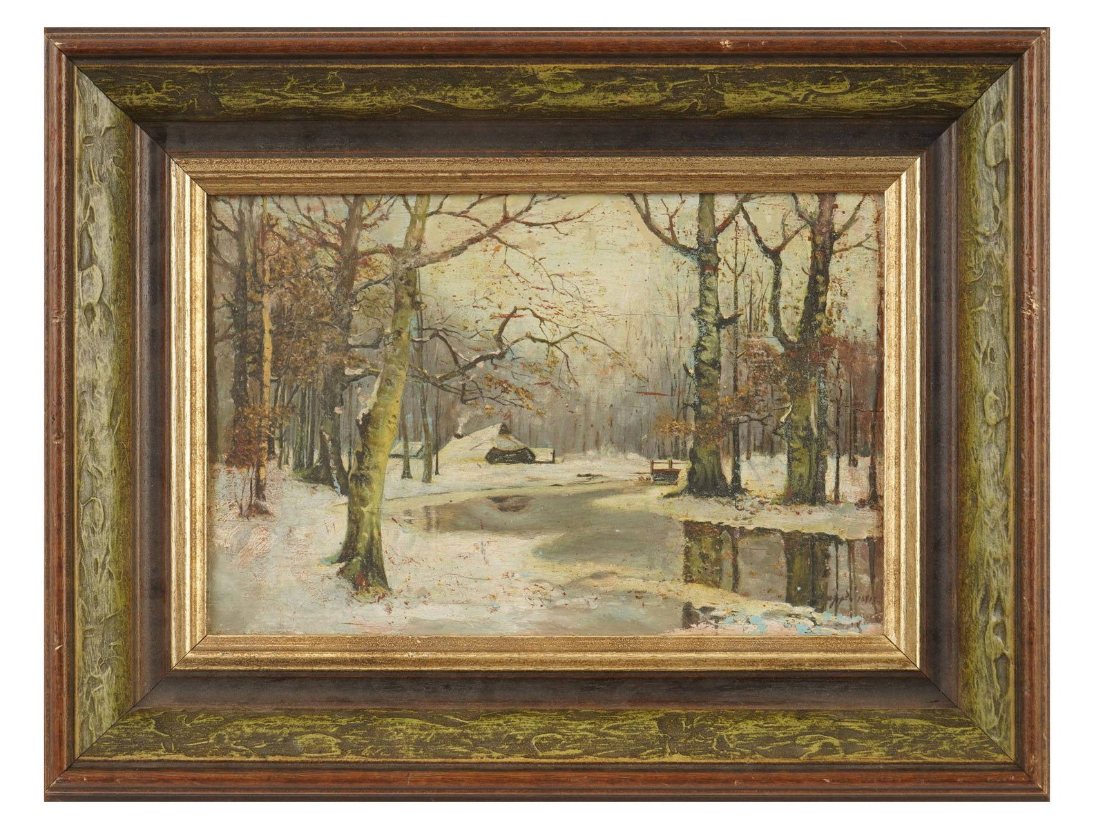 ANTIQUE RUSSIAN OIL PAINTING BY ANDREI SCHILDER: An antique Russian oil on board realistic landscape painting by Andrei Schilder, 1861 to 1919. The painting depicts a quiet winter landscape executed with an atmospheric, tonalist approach. Signed and