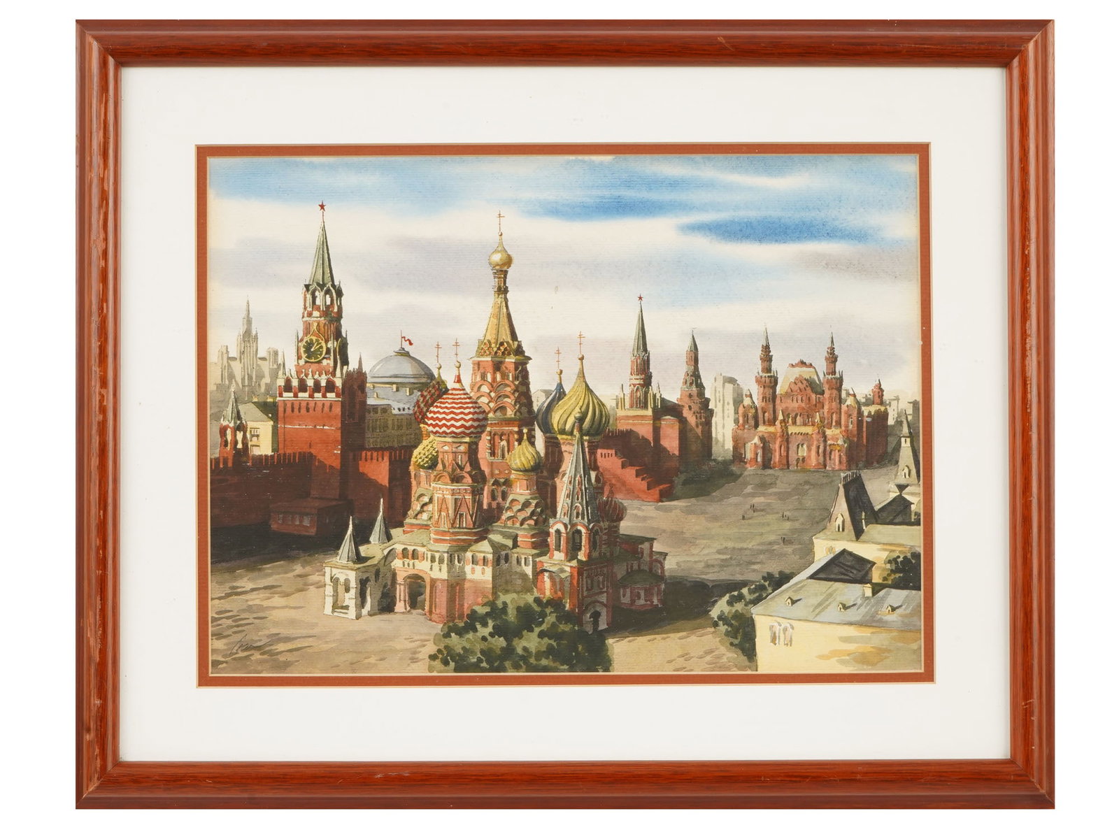 KONSTANTIN YUON RUSSIAN RED SQUARE MIXED MEDIA PAINTING: Konstantin Fedorovich Yuon, Russian, 1875 to 1958, mixed media painting on paper depicting a panoramic view of Moscows Red Square, featuring the distinctive onion domes of Saint Basils Cathedral and t