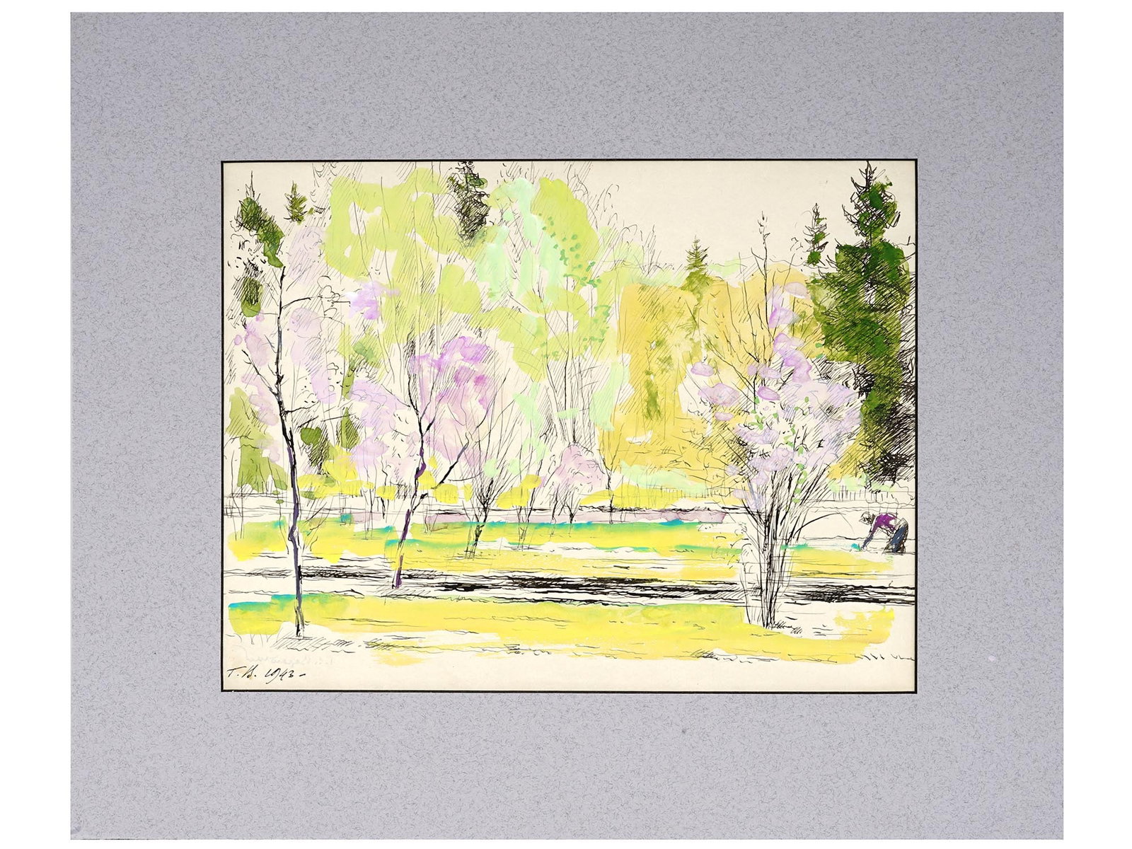 RUSSIAN WATERCOLOR PAINTING BY GEORGII VEREISKII: Watercolor and pen on paper painting by Georgii Vereyskii, 1886 to 1962, a Russian and Soviet graphic artist. The artwork depicts a park landscape. Dated 1943 in the lower left. Signed by the artist o