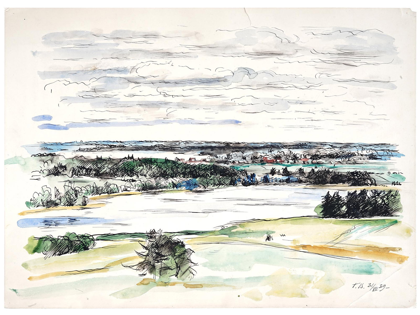 1939 RUSSIAN RURAL PAINTING BY GEORGII VEREISKII: Georgii Vereiskii, Russian, 1886 to 1962, a watercolor and ink on paper painting depicting a countryside landscape with grass, trees, and bushes and a big river in the middle, 1939. Signed and dated t