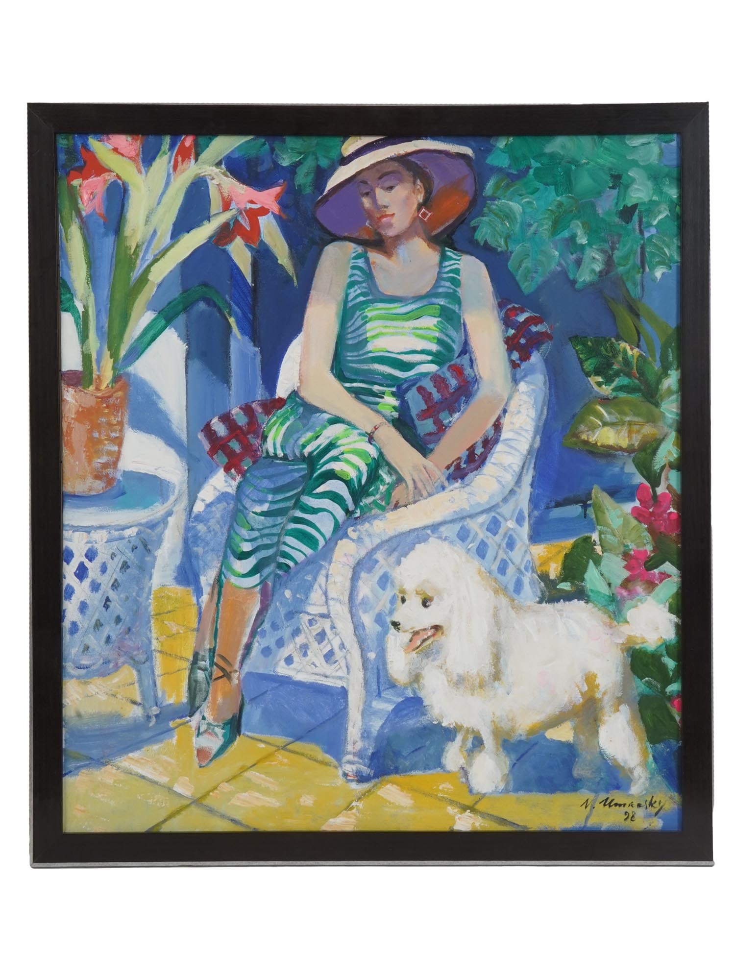 RUSSIAN OIL PAINTING WOMAN AND A POODLE BY UMANSKI: Vladimir Umanski, born 1948, oil on canvas painting depicting a woman with a white poodle, 1998. Titled on verso. Signed and dated by the artist lower right. Framed. Vladimir Umanski graduated from Re