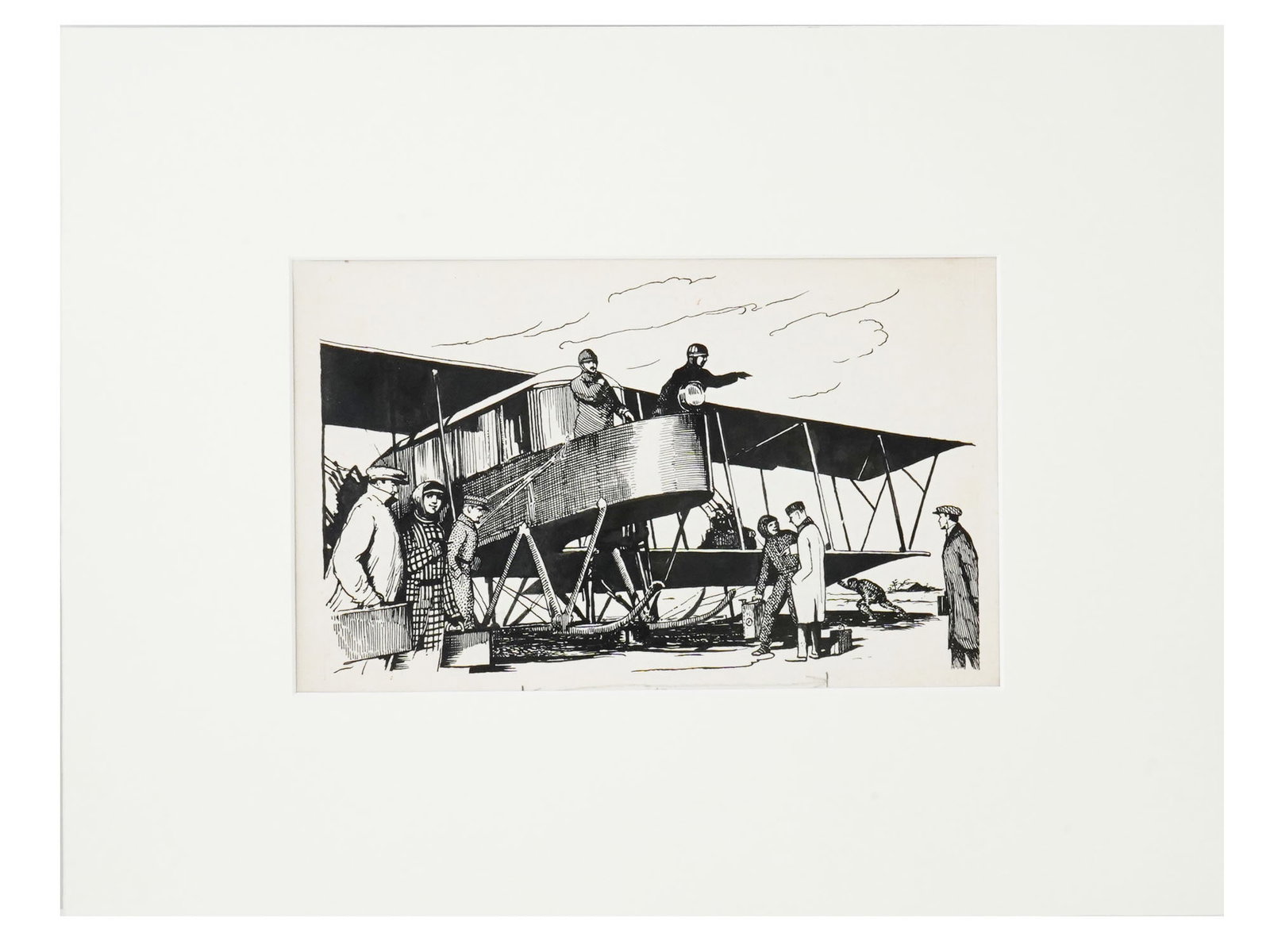 VLADIMIR TAMBI SOVIET BOOK ILLUSTRATION INK ON PAPER: Ink on paper painting by Vladimir Tambi, 1906 to 1955, a Russian graphic artist. The piece is a sketch of a book illustration, passengers and pilots near the paraglider. Ca. 1930s. With pencil comment