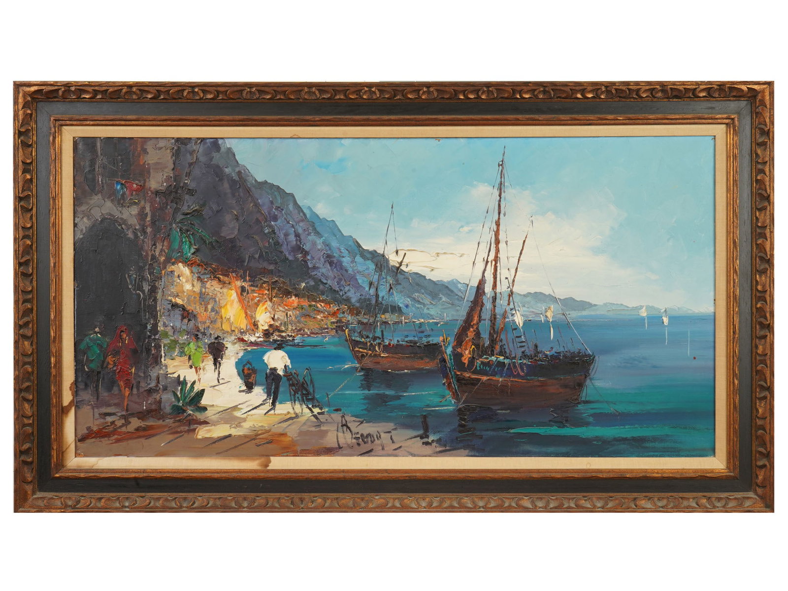 COASTAL LANDSCAPE OIL PAINTING SIGNED JAN BEVORT: An oil on canvas painting signed Jan Bevort, Dutch 1917 to 1996. Depicting a vibrant Mediterranean coastal landscape. The composition features traditional fishing boats moored in the foreground with f