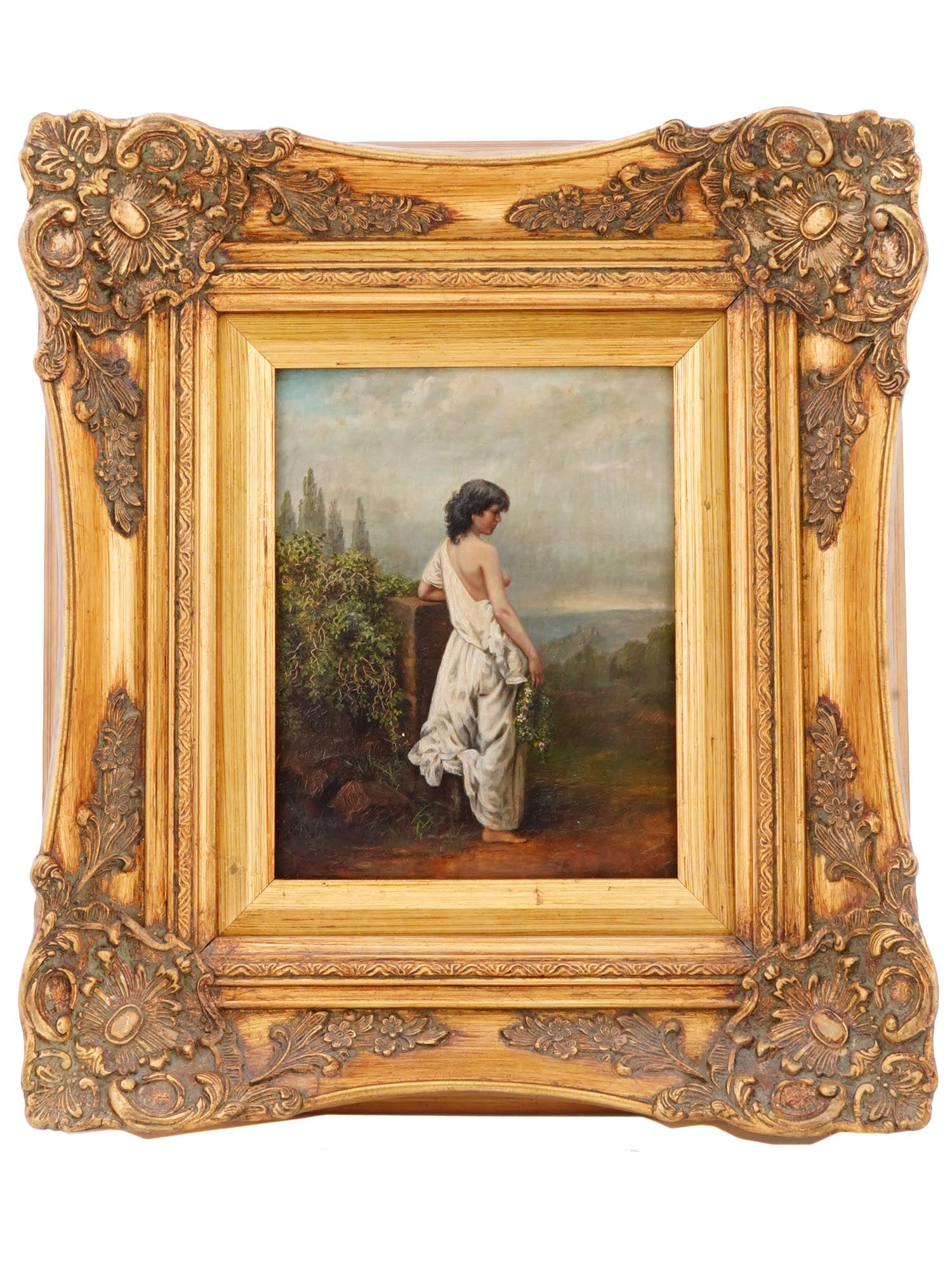 ANTIQUE AMERICAN ACADEMIC GENRE OIL PAINTING BY ROSEN: Oil on board painting. American, late 19th century. The artwork depicts a young semi-nude woman standing by the garden gate with a wreath of flowers. Signed by the artist in the lower left, Rosen. Art