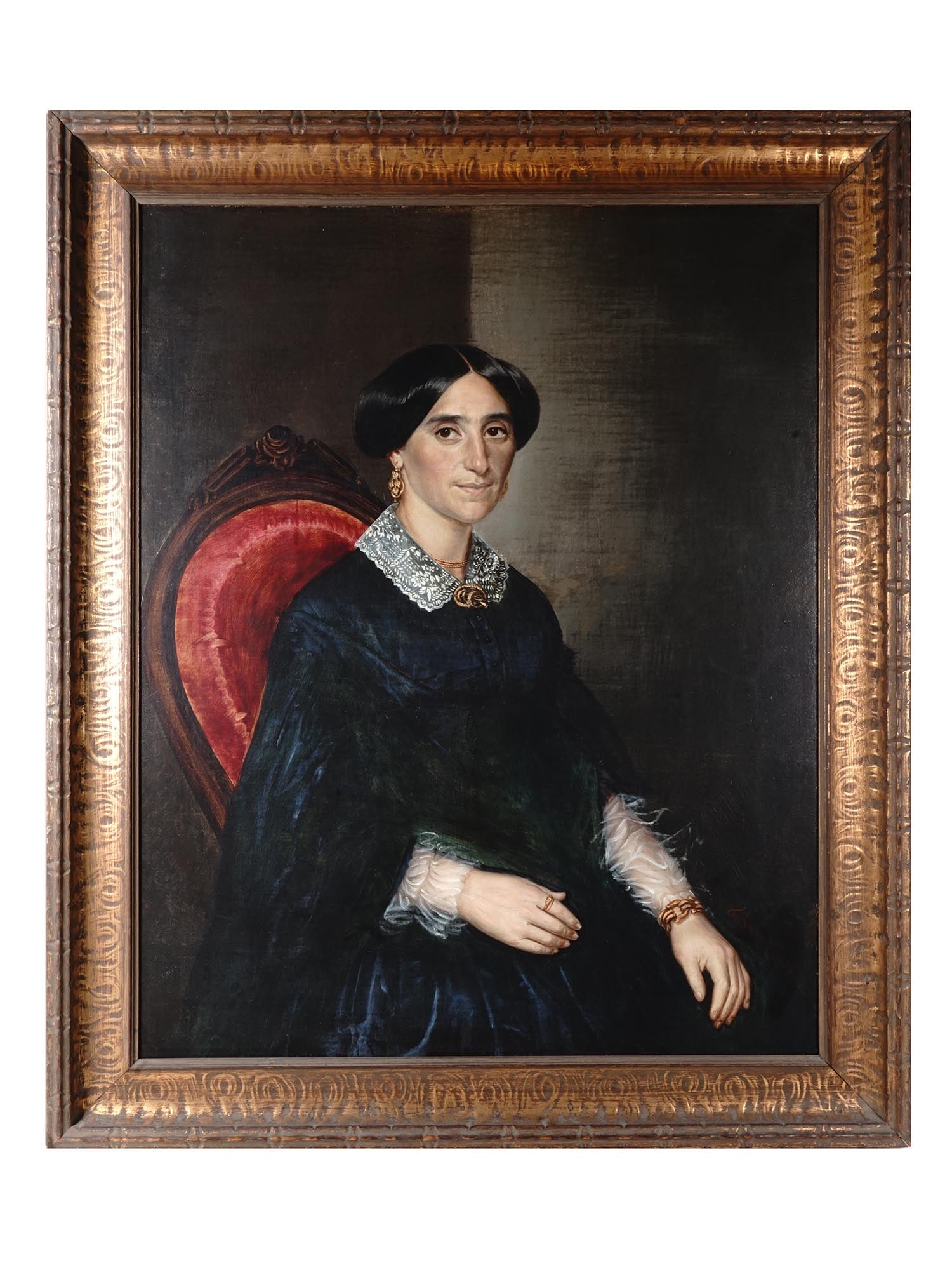 ANTIQUE OIL PAINTING ATTR GUSTAV SPANGENBERG 1859: A 19th century oil on canvas portrait painting attributed to Gustav A. Spangenberg, German, 1828 to 1891. The painting depicts a portrait of a lady wearing a black dress with a white lace collar, poss
