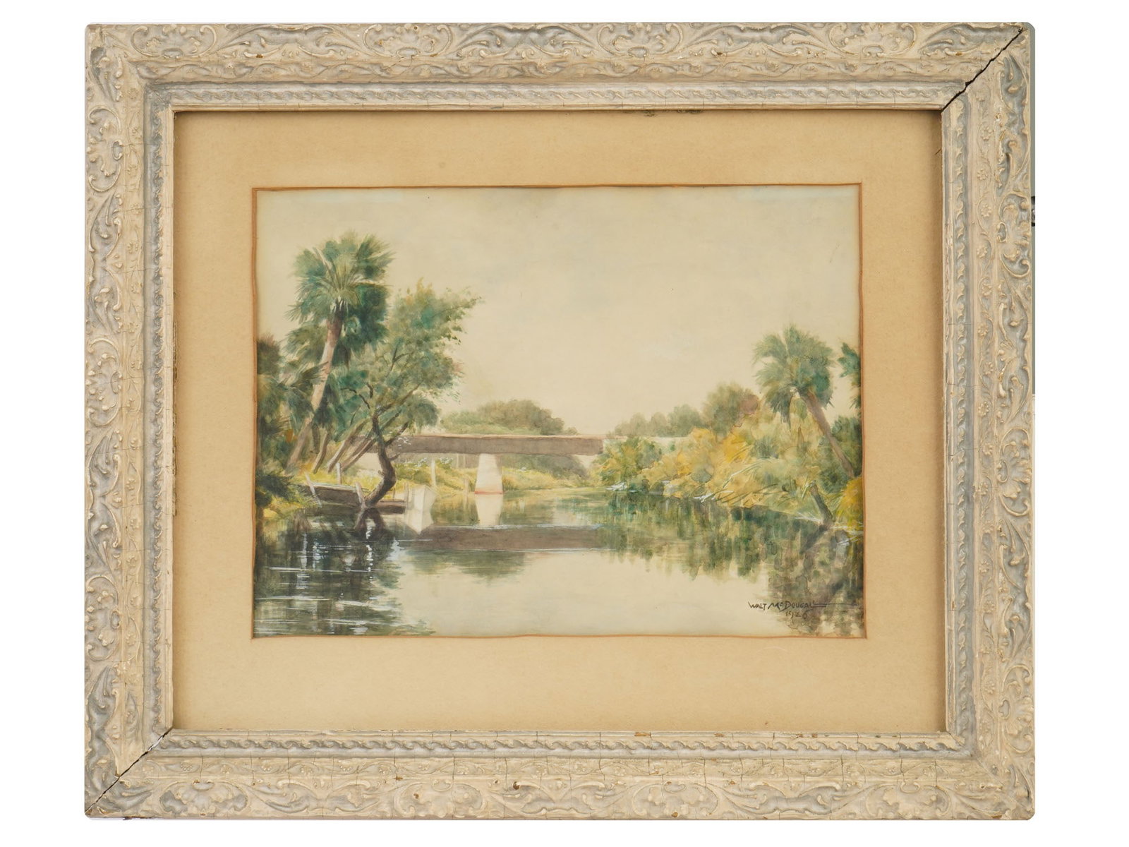ANTIQUE AMERICAN WATERCOLOR PAINTING BY WALT MCDOUGALL: Walt McDougall, a 20th century American artist, a watercolor painting on paper, Inland Waterway Florida, depicting a landscape with a bridge. Signed and dated 1926, lower right. Framed. Walt McDougall