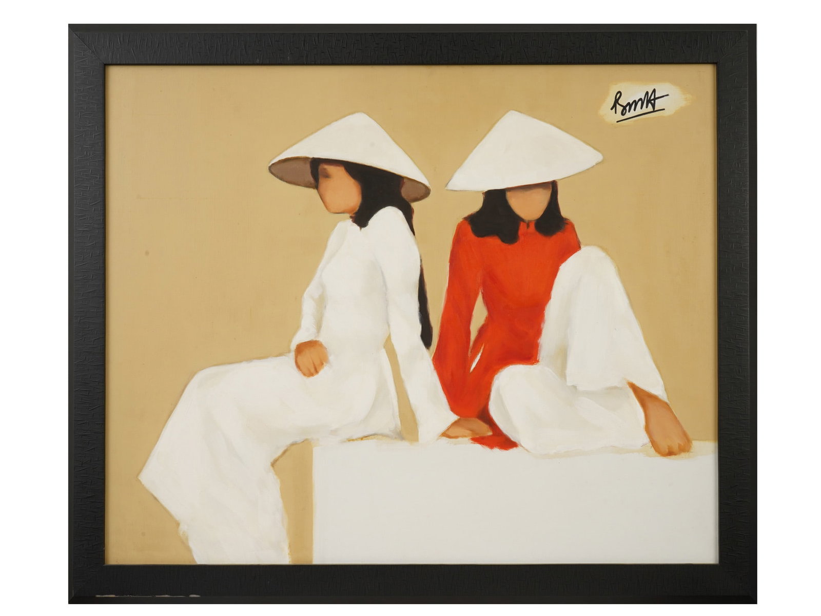STYLE OF NGUYEN THANH BINH VIETNAMESE OIL PAINTING: In the style of Nguyen Thanh Binh, Vietnamese, born 1954, oil painting on canvas, depicting two women. Signed upper right. Framed. Nguyen Thanh Binh was born in 1954 in Hanoi. Binh likens his preferen