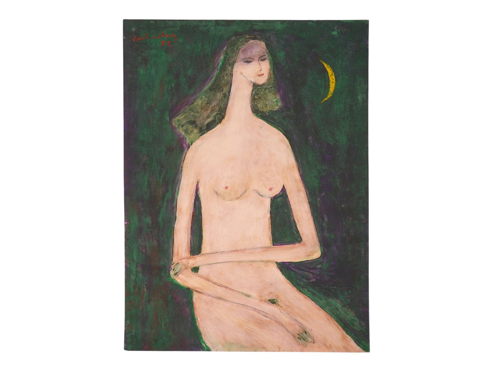 VIETNAMESE TEMPERA PAINTING SIGNED DINH VAN CUONG: A tempera painting on paper signed Dinh Van Cuong, Vietnamese, 1939 to 2016. Depicts a stylized female figure. The subject is rendered with the artist signature elongated neck and delicate features, s