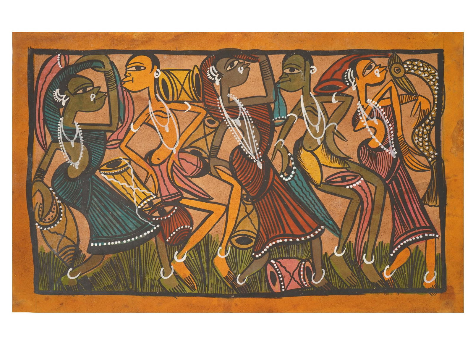 INDIAN SANTHAL TRIBAL PATTACHITRA MIXED MEDIA PAINTING: A mixed media painting on paper, The Joy of Life Santhal Tribal Pattachitra, in the manner of Manoranjan Chitrakar, a well known Bengal Pattachitra artist from Noya in West Bengal. Unsigned. Indian Fi