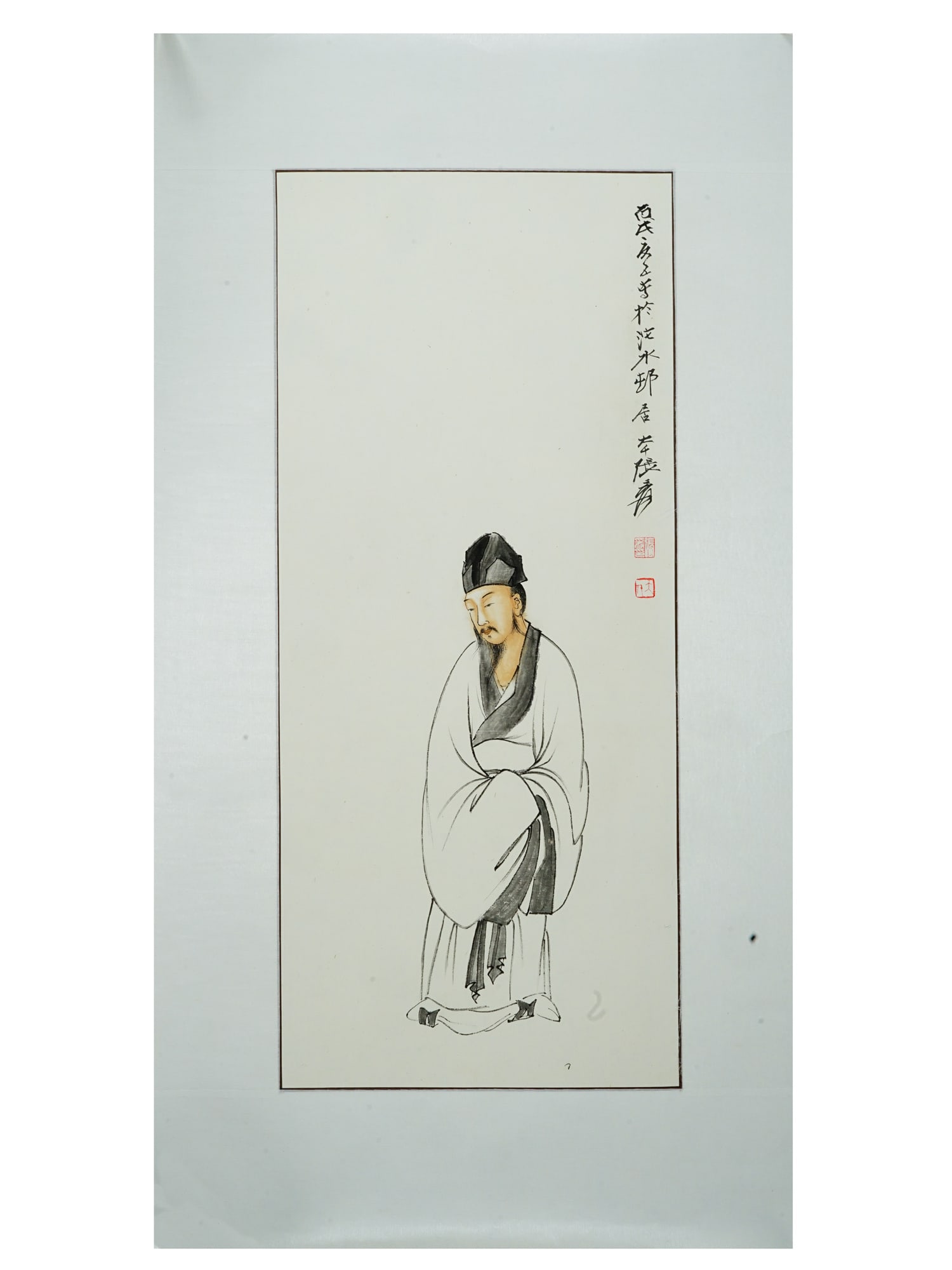 VINTAGE CHINESE PORTRAIT PAINTING ATTR ZHANG DAQIAN: A vintage Chinese portrait painting attributed to Zhang Daqian. The painting depicts a Chinese scholars in a long white robe. A vertical inscription appears on the upper right. Artists stamp seal feat