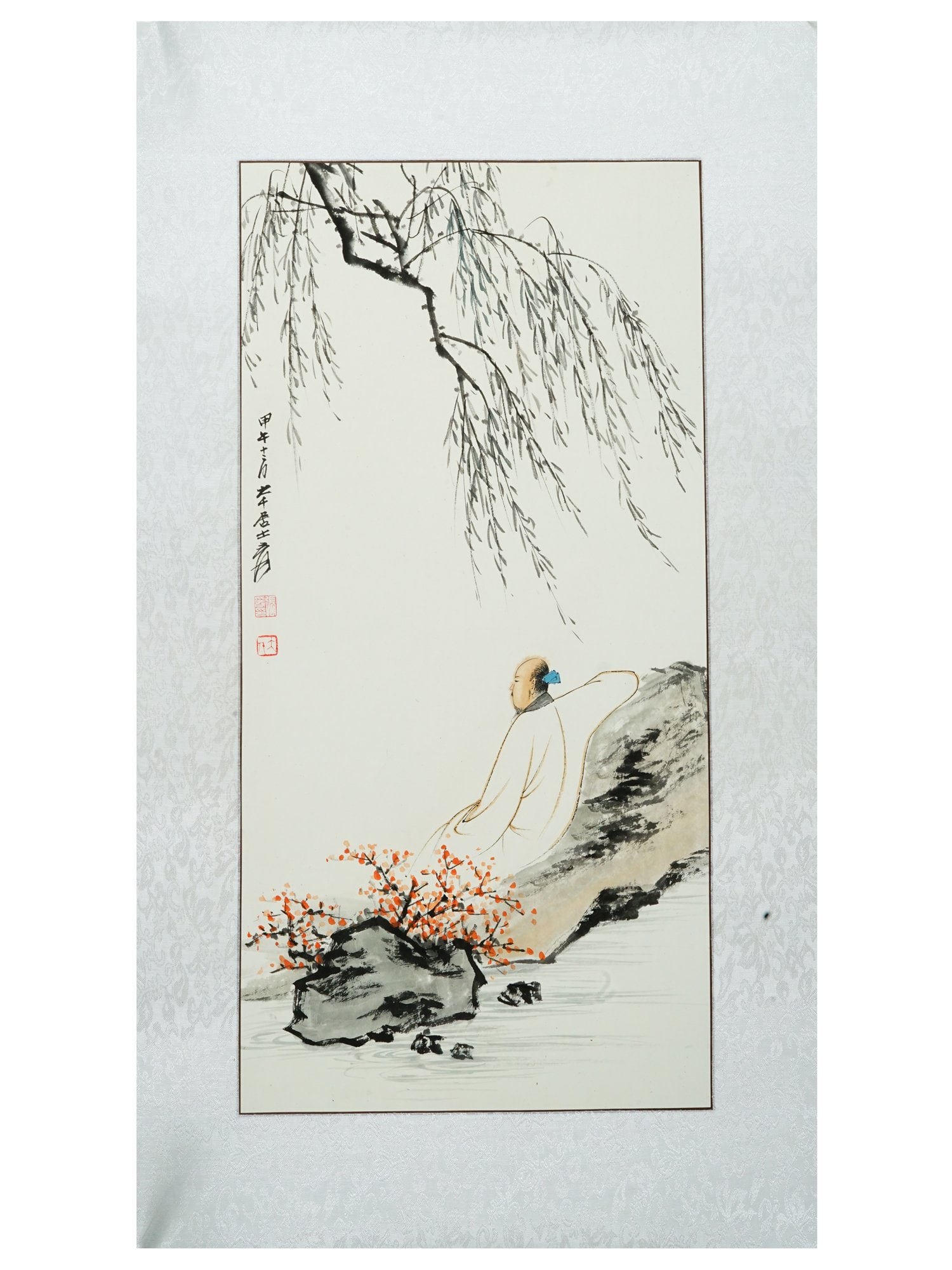 VINTAGE CHINESE PAINTING ATTRIBUTED TO ZHANG DAQIAN: A vintage Chinese painting attributed to Zhang Daqian. The painting, executed in ink and color, depicts a scholar or sage seated in contemplation beneath the sweeping branches of a willow tree. A vert