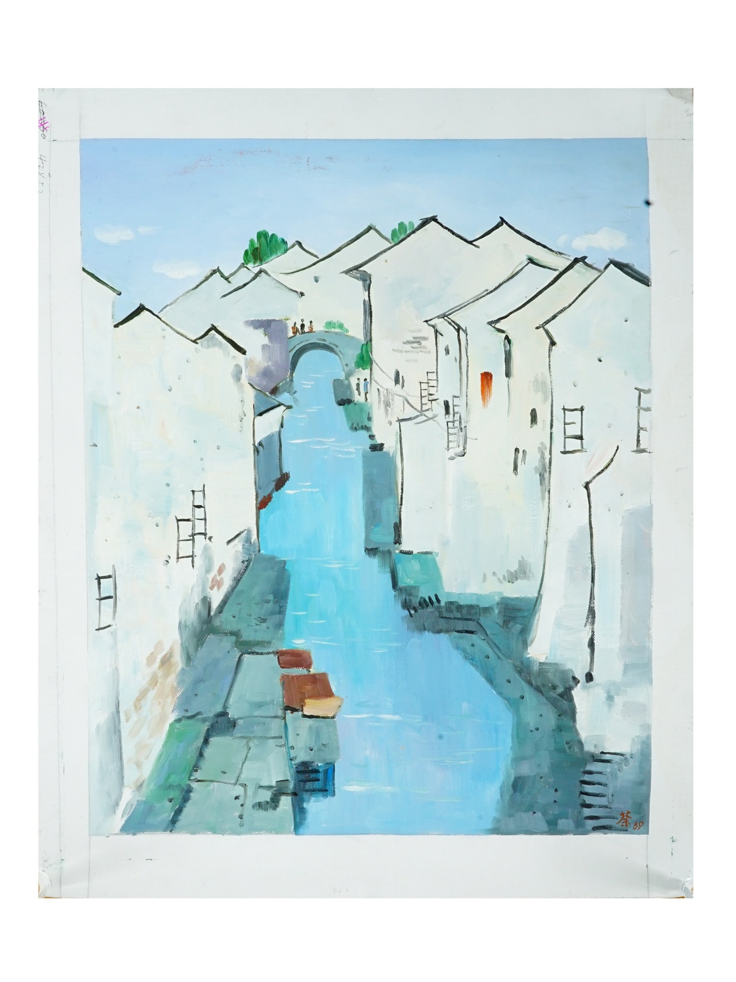 MANNER OF WU GUANGZHONG CHINESE LANDSCAPE PAINTING: In the manner of Wu Guanzhong, Chinese, 1919 to 2010, oil painting on canvas. The artwork represents a view of a river going through a village with white houses, resembling Zhou village. Signed lower 