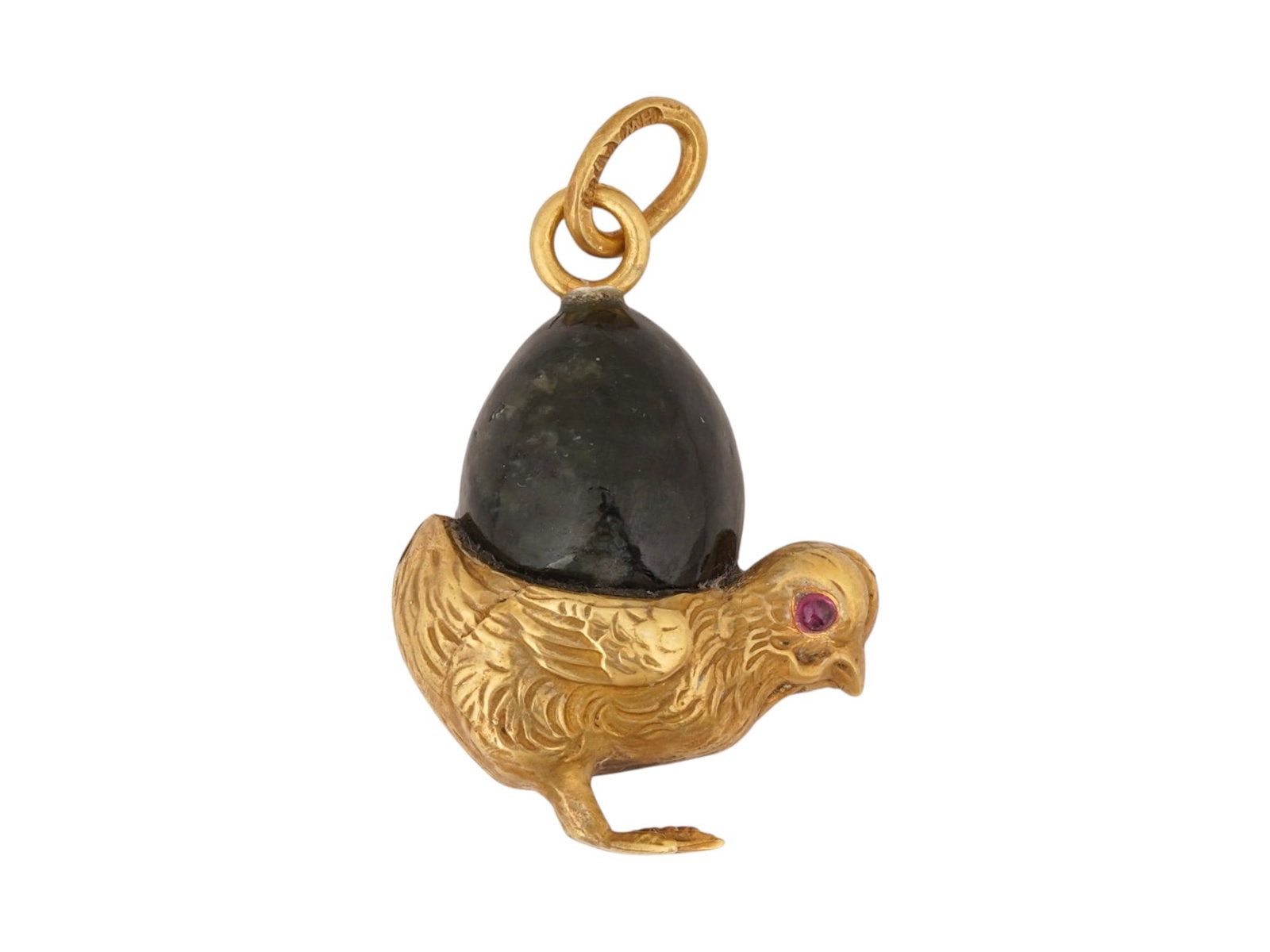 RUSSIAN SILVER JADE CHICK EGG PENDANT W RUBY EYES - 2