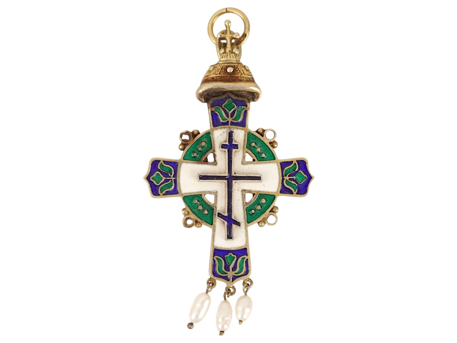 RUSSIAN SILVER ENAMEL CROSS PENDANT W NATURAL PEARLS (1 of 6)