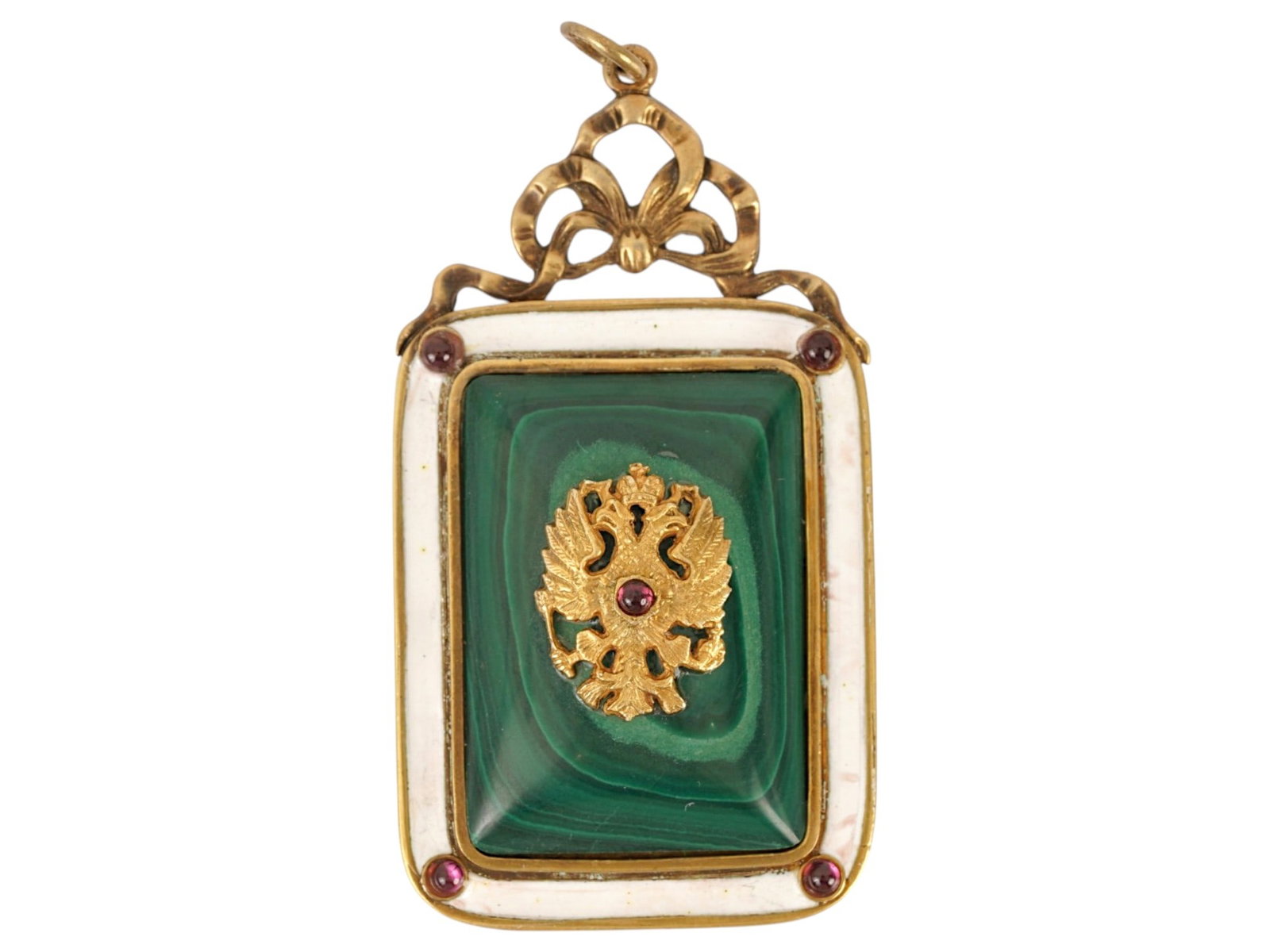 RUSSIAN SILVER ENAMEL MALACHITE IMPERIAL PENDANT W GEMS: A Russian gilt silver pendant. A rectangular medallion with a central overlay double-headed eagle on polished malachite stone. The white enameled rims are garnished with gemstone cabochons. The suspen