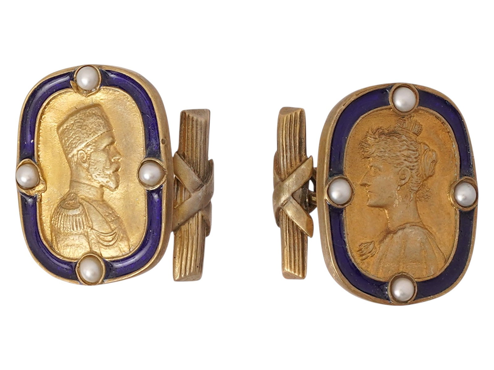 RUSSIAN IMPERIAL ENAMEL SILVER CUFFLINKS WITH PEARLS: A pair of Russian Imperial presentation gilt silver chain-style cufflinks. The front parts represent the profile portraits of the last Emperor Nicholas II and his wife Alexandra Feodorovna. Cobalt blu
