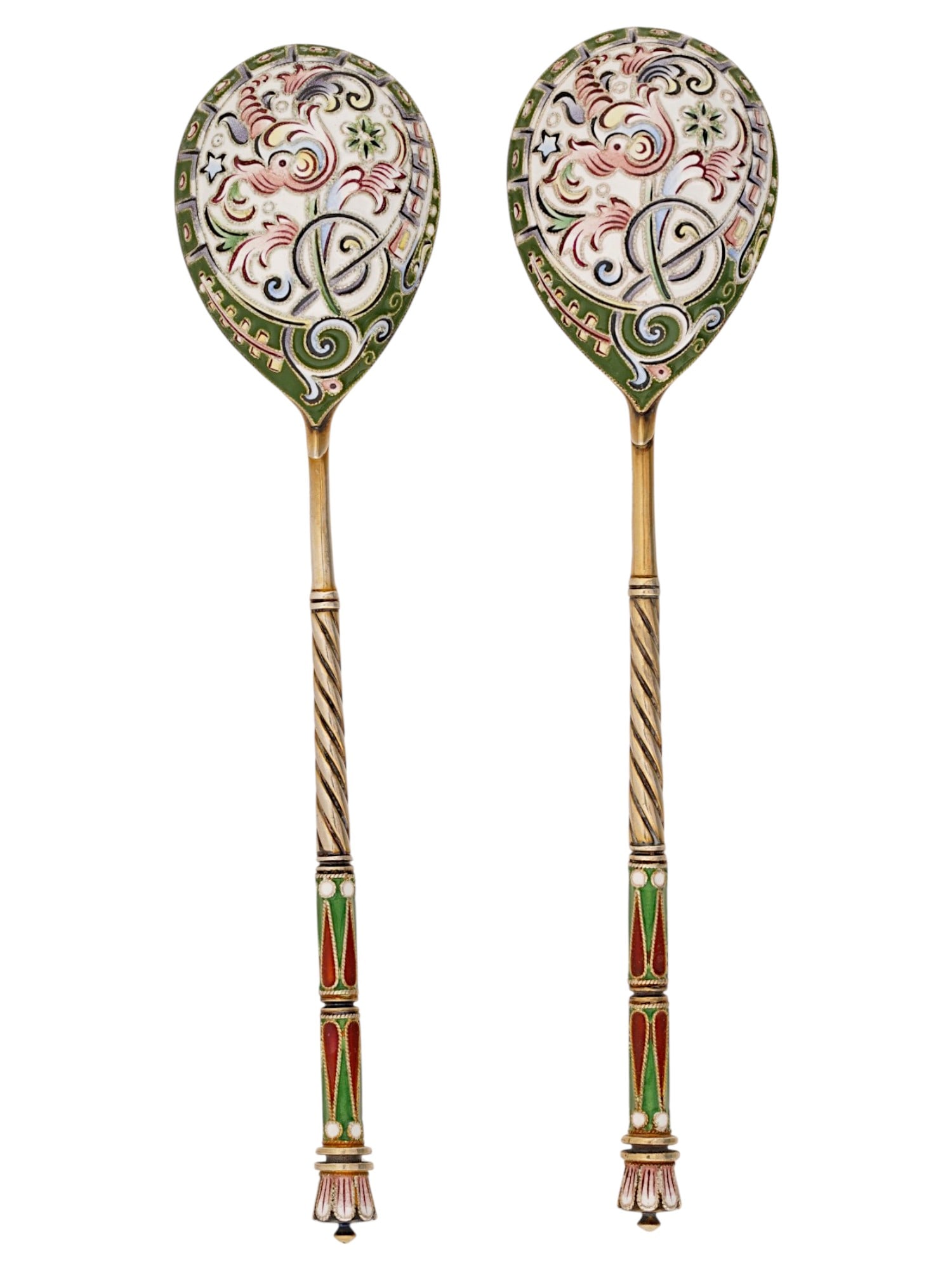 PAIR OF RUSSIAN SILVER CLOISONNE ENAMEL TEA SPOONS: A pair of Russian gilt silver tea spoons. The backside of the bowls is garnished with cloisonne enamel floral ornaments. Twisted handles with matching tip decor. Hallmark of 88 silver standard and