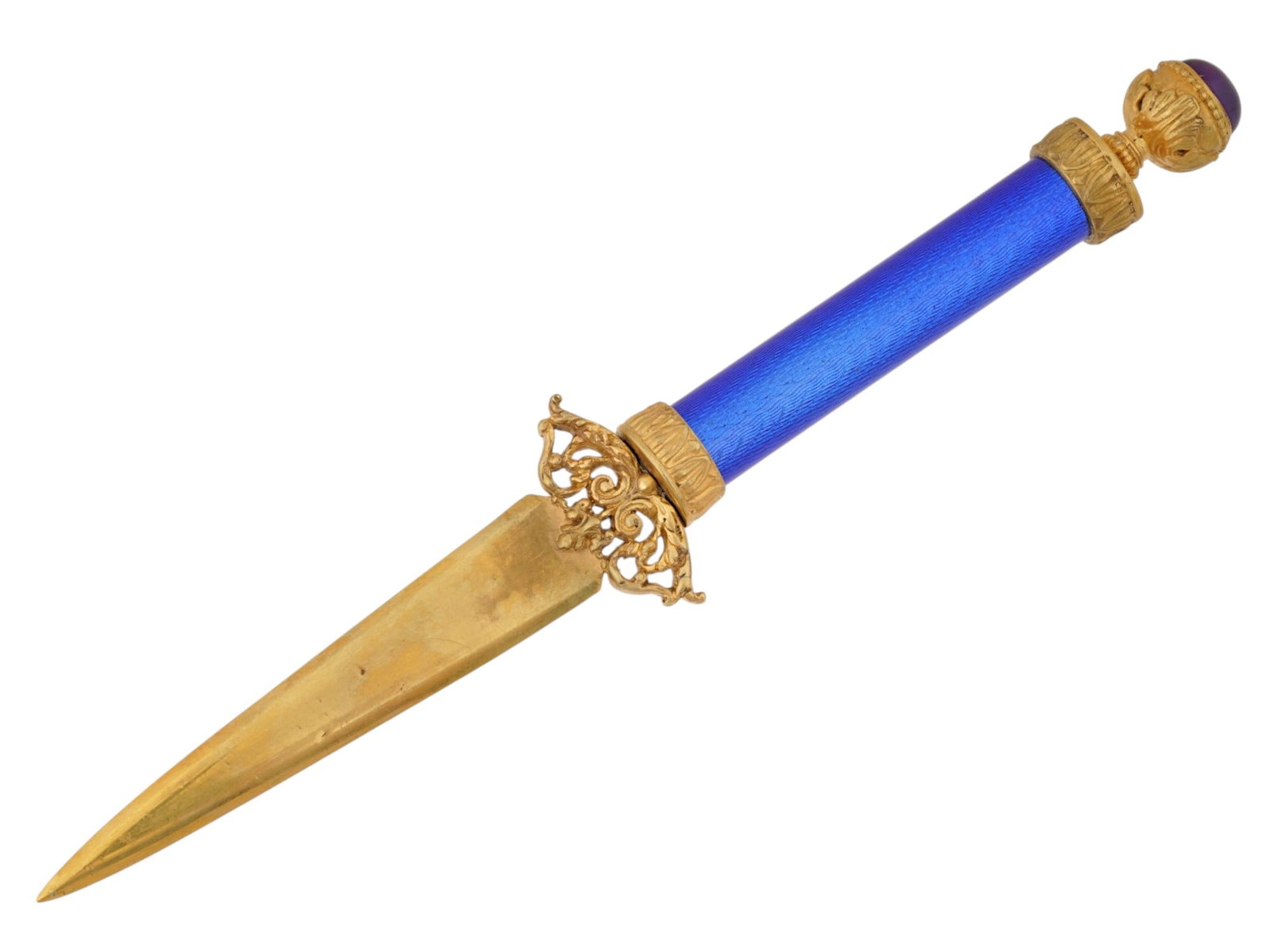 RUSSIAN GILT SILVER ENAMEL LETTER OPENER WITH AMETHYST: A Russian Neoclassical gilt silver paper knife or letter opener in the style of a Roman gladius sword. Cobalt blue guilloche enamel handle with gilt acanthus decor. Amethyst cabochon finial. Hallmarke
