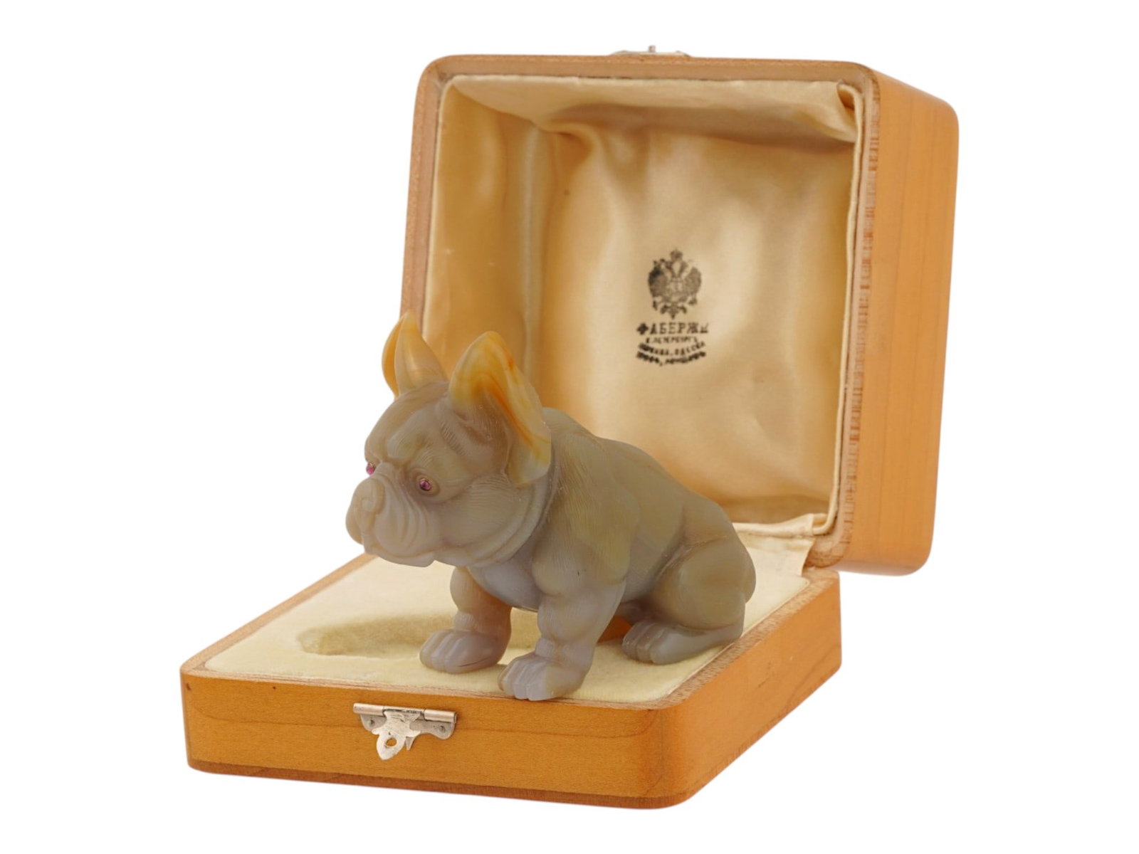 RUSSIAN AGATE ENAMEL BULLDOG FIGURE W GOLD GEM EYES BOX: A Russian naturalistically hand carved Agate figure. The figure is made in the shape of a French Bull Dog. The figure is encrusted with Gemstone eyes in gold settings. Presented in a wooden fitted box