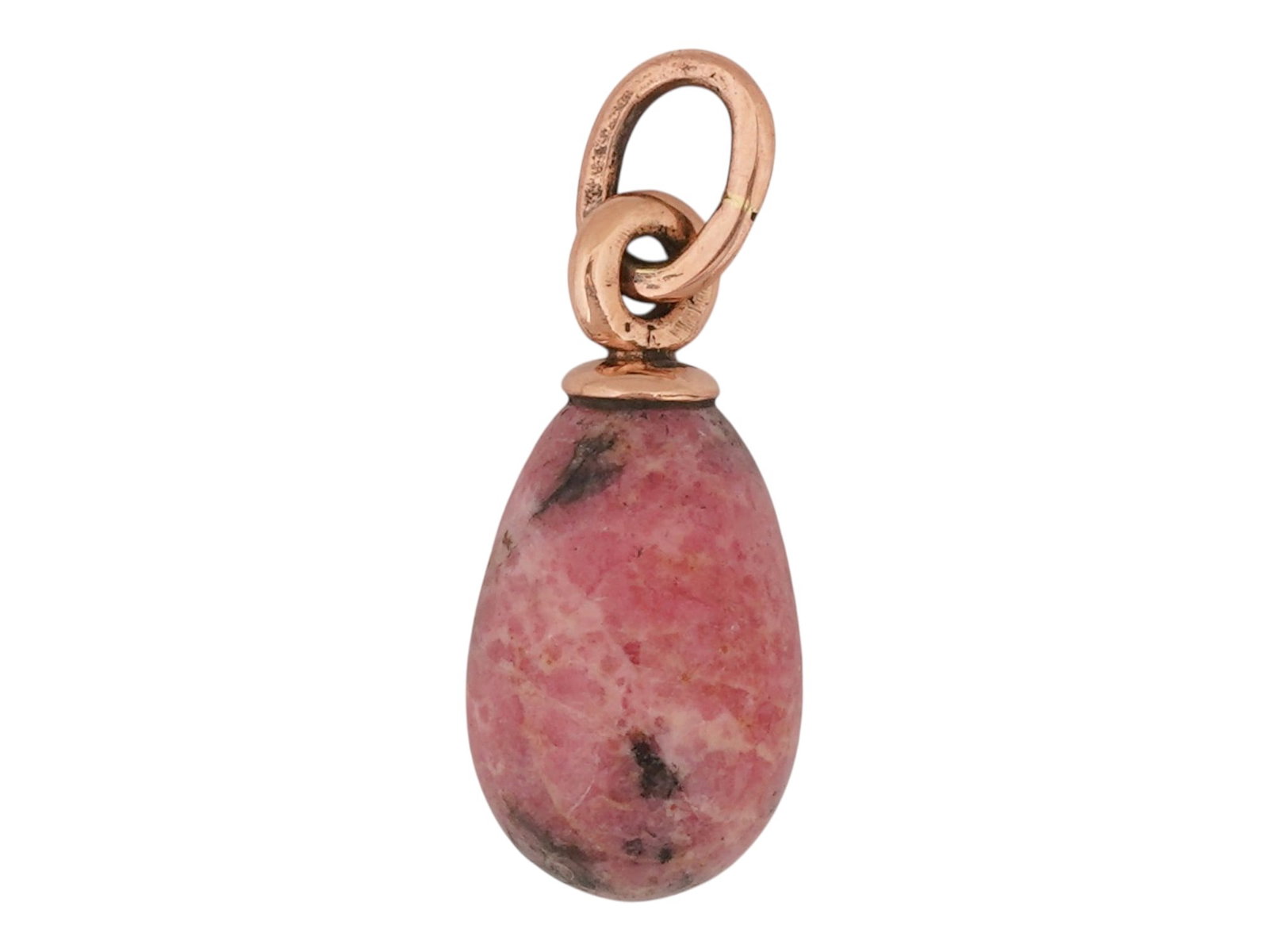 RUSSIAN 14K GOLD CARVED RHODONITE EASTER EGG PENDANT: A Russian carved Rhodonite Easter Egg pendant with 14K gold fittings. Hallmark of 56 gold standard and makers mark are on the fitting ring. Russian Jewelry And Collectibles. Total weight: 2.5 g.