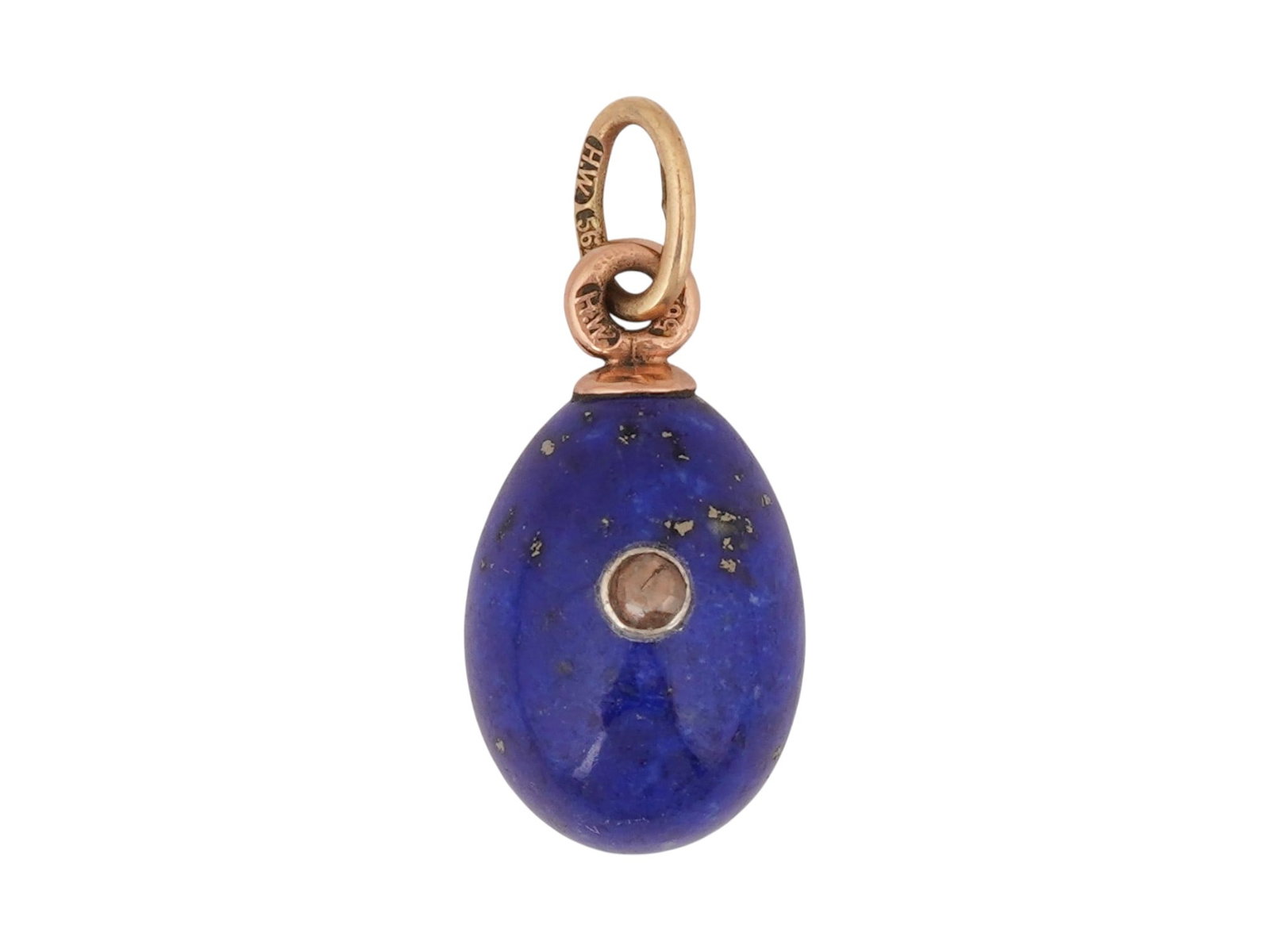 RUSSIAN GOLD AND LAPIS LAZULI DIAMOND EASTER EGG PENDANT: A Russian 56 gold and lapis lazuli Easter egg pendant. The polished lapis body is set with a single circular-cut diamond within a gold bezel. The pendant is suspended from a gold bail marked with the 