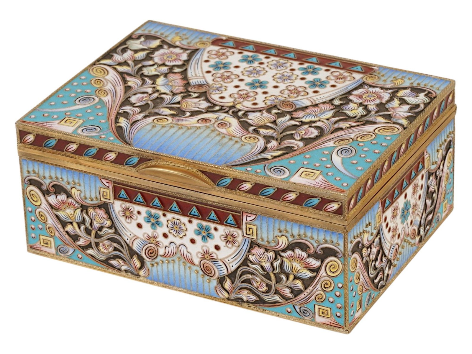 LARGE RUSSIAN SILVER CLOISONNE ENAMEL BOX: A large Russian gilt silver enamel jewelry or trinket box. A gilt washed interior. The exterior of the rectangular lidded box is enameled with red, pink, white, purple, and blue floral and foliate pat