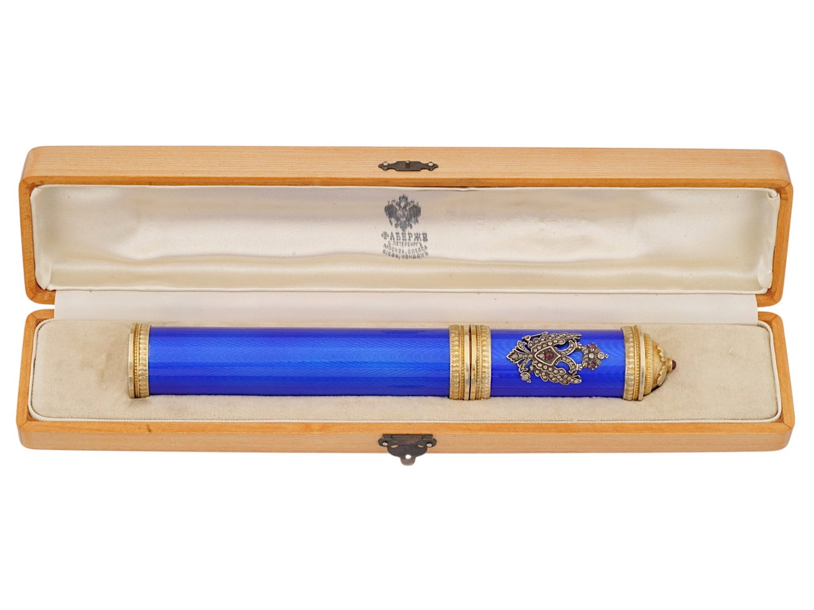 RUSSIAN SILVER GUILLOCHE ENAMEL CIGAR CASE W DIAMONDS: A Russian Imperial presentation gilt silver and enamel cigar case. The body of the case is covered with blue guilloche enamel. The cap is decorated with an overlay Imperial eagle embellished with diam