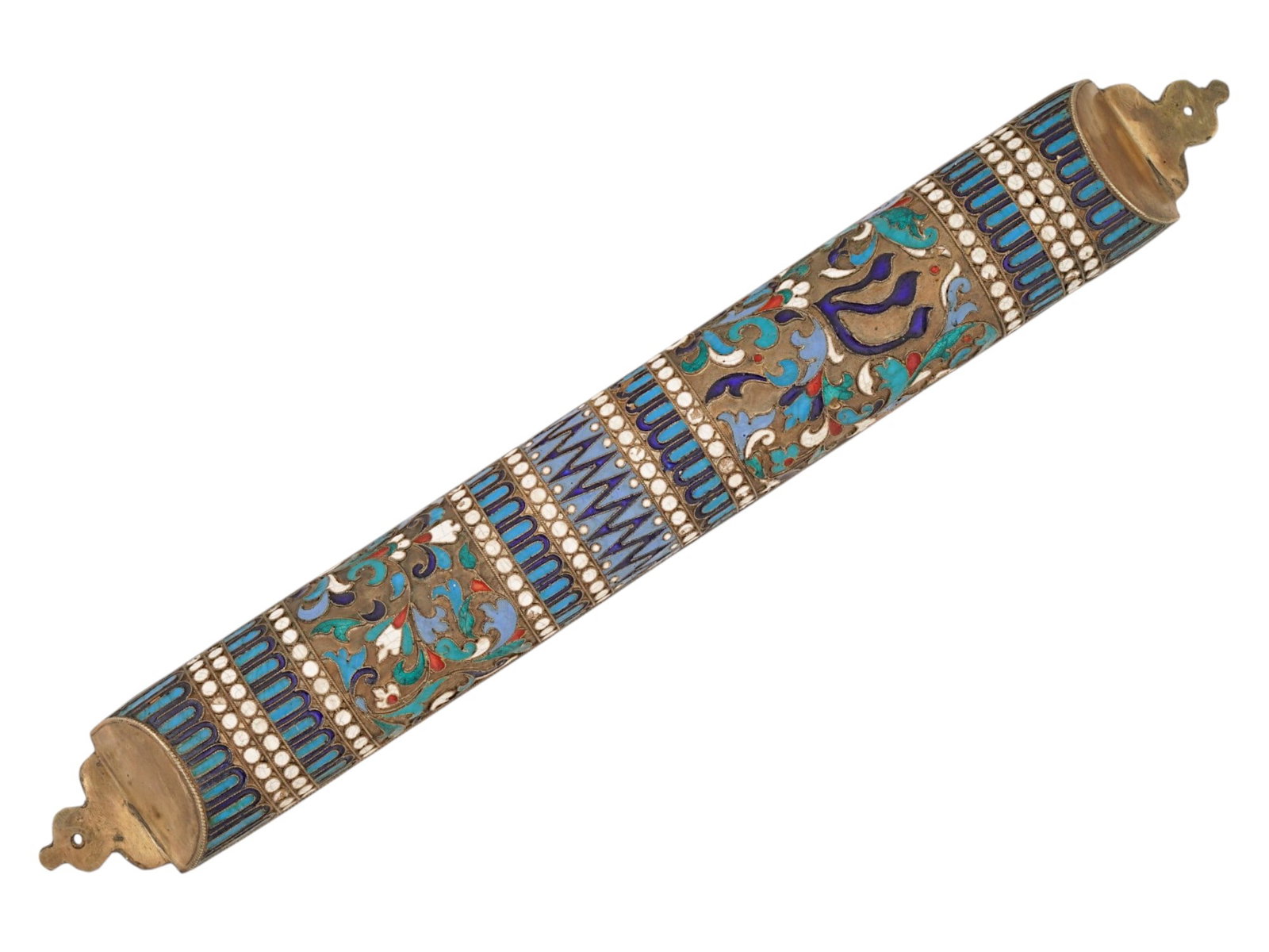 LARGE RUSSIAN JUDAICA 84 GILT SILVER ENAMEL MEZUZAH (1 of 6)