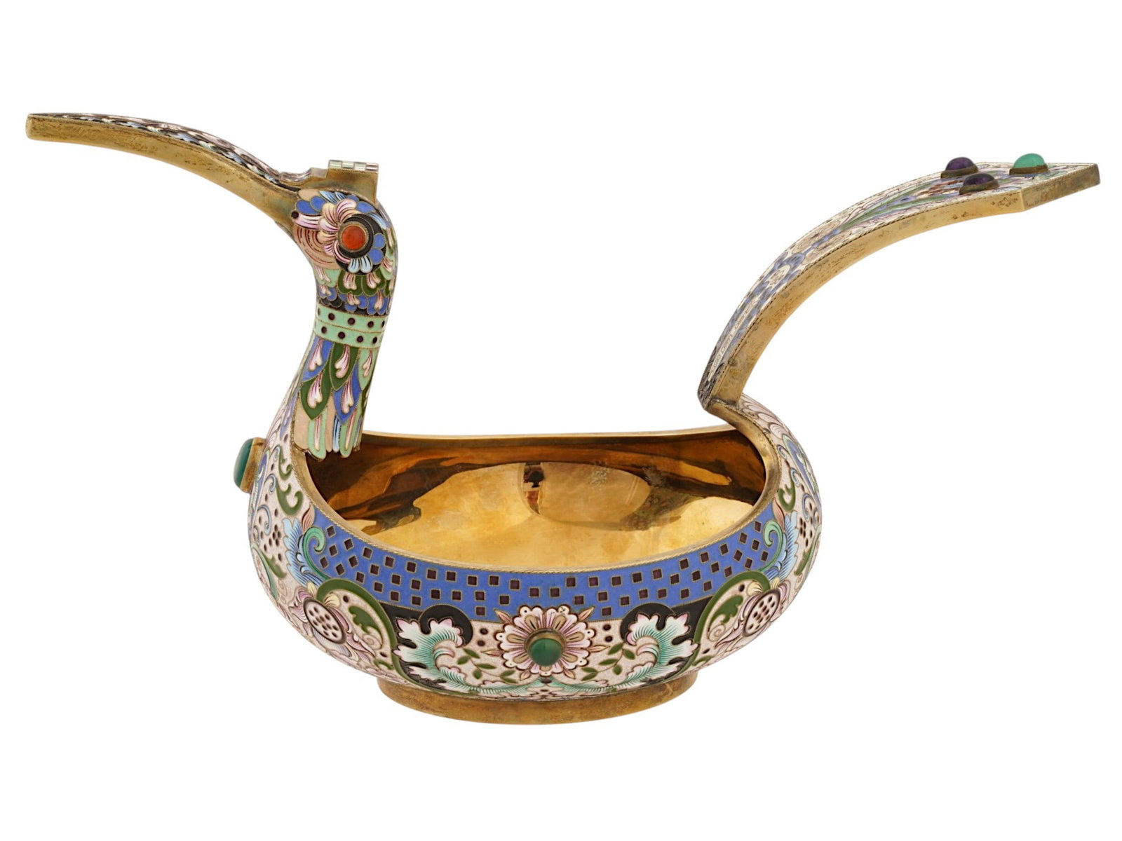 RUSSIAN GILT SILVER AND ENAMEL BIRD KOVSH W GEMSTONES (1 of 7)