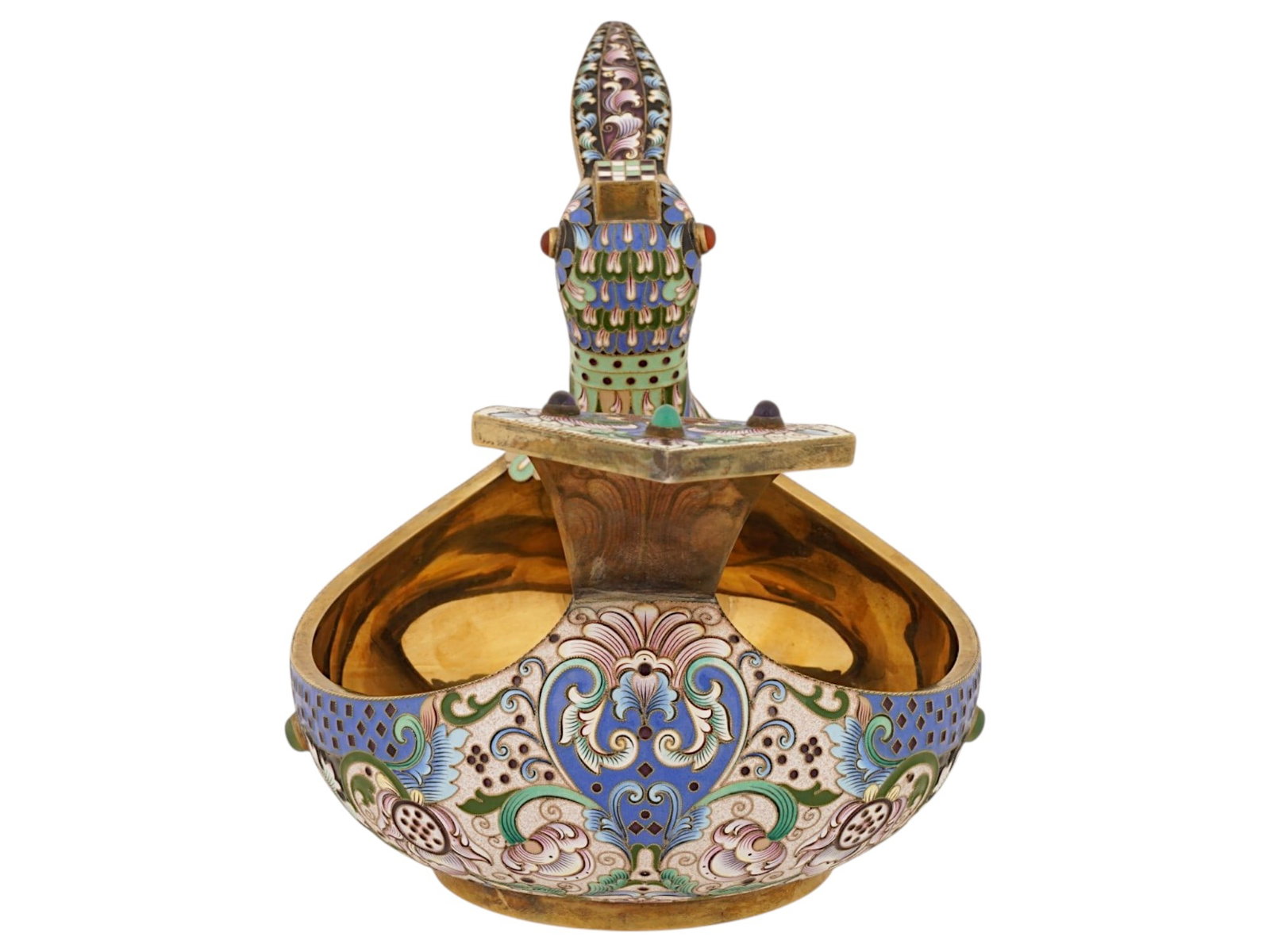 RUSSIAN GILT SILVER AND ENAMEL BIRD KOVSH W GEMSTONES - 2