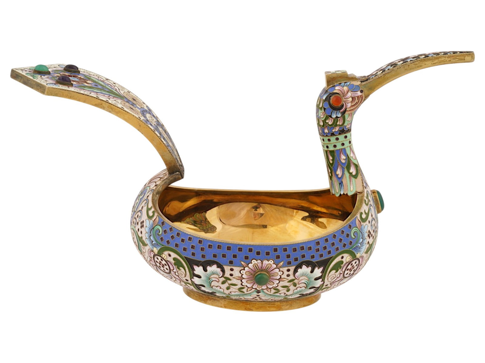 RUSSIAN GILT SILVER AND ENAMEL BIRD KOVSH W GEMSTONES - 3