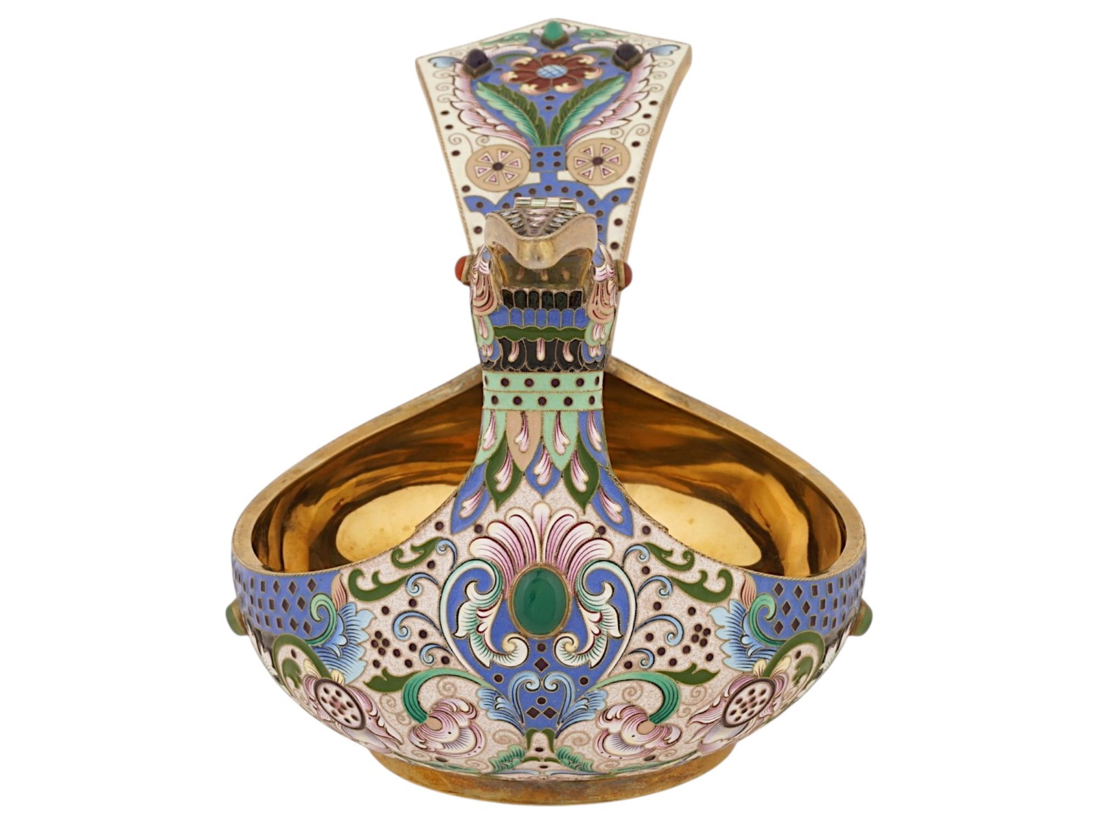 RUSSIAN GILT SILVER AND ENAMEL BIRD KOVSH W GEMSTONES - 4