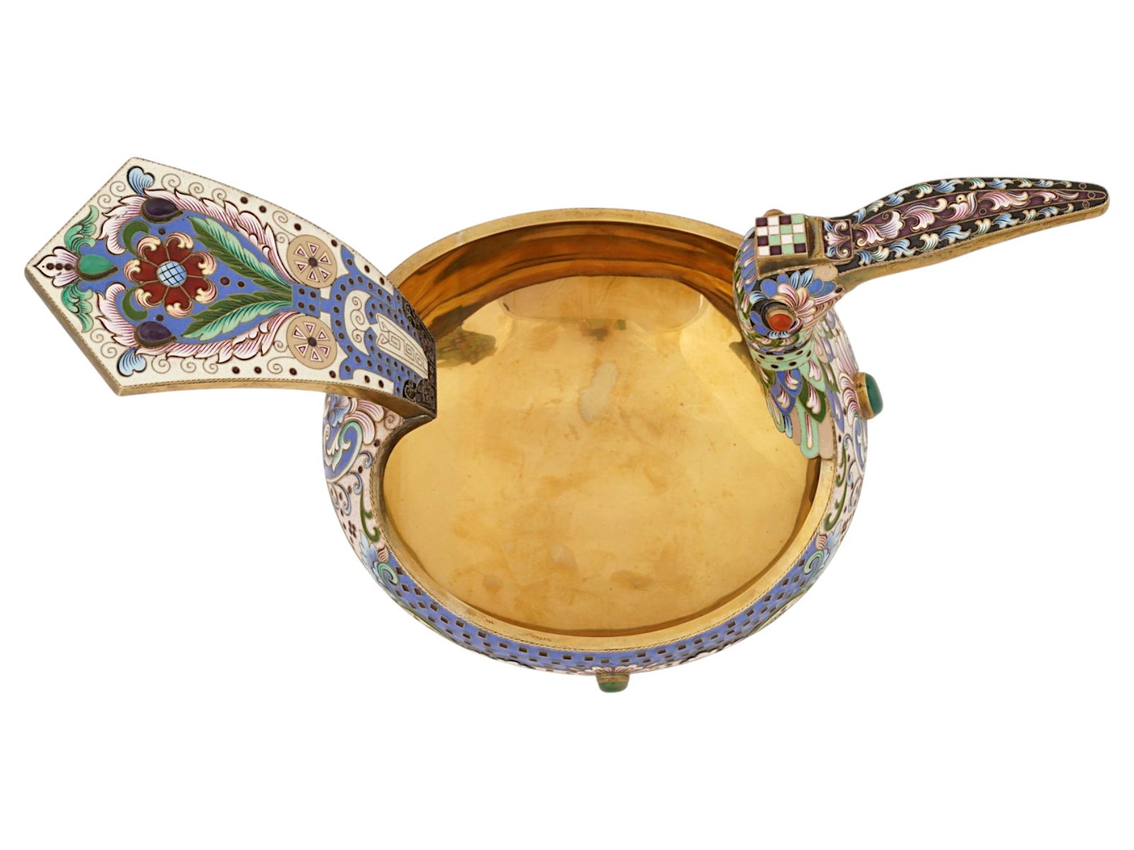 RUSSIAN GILT SILVER AND ENAMEL BIRD KOVSH W GEMSTONES - 5