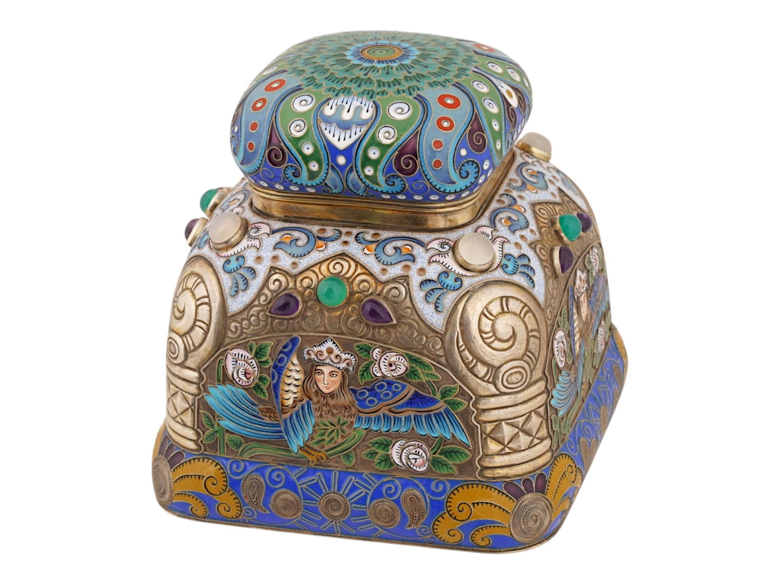 EXTRA LARGE RUSSIAN SILVER ENAMEL TEA CADDY W GEMSTONES (1 of 8)