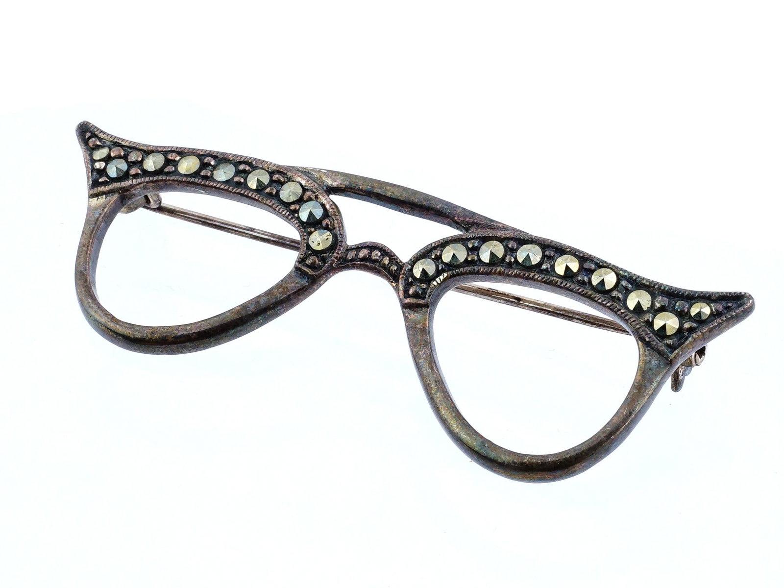 ANTIQUE ENGLISH ST SILVER MARCASITE GLASSES BROOCH (1 of 5)